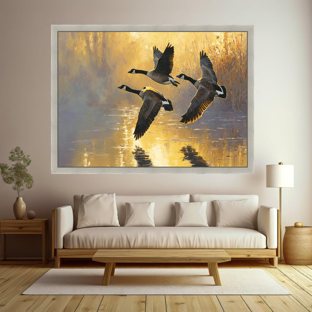Flying Canada Geese Canvas Wall Art, Golden Sunrise Nature Scene, Water Reflection Painting, Wildlife Home Decor, Tranquil Landscape Canvas