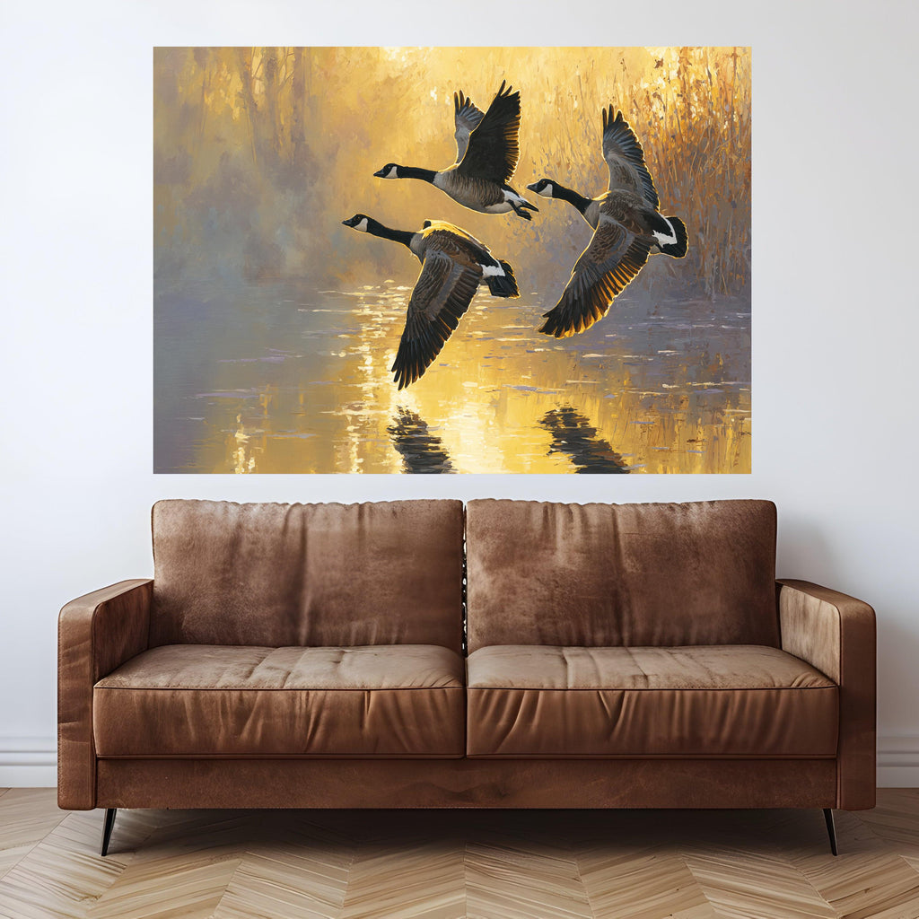 Flying Canada Geese Canvas Wall Art, Golden Sunrise Nature Scene, Water Reflection Painting, Wildlife Home Decor, Tranquil Landscape Canvas