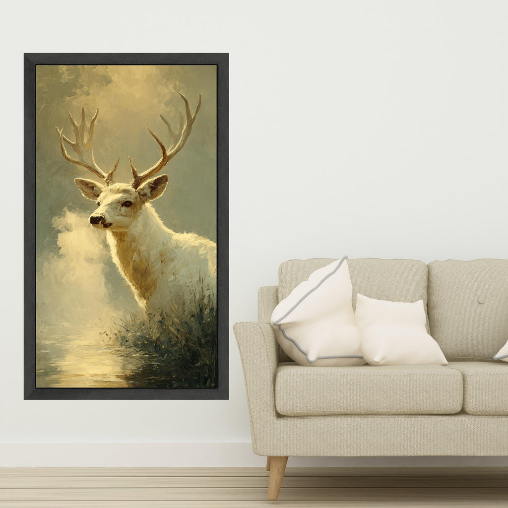 Majestic White Deer Canvas Wall Art, Nature Wildlife Painting, Rustic Forest Decor, Animal Canvas Print, Tranquil Woodland Scene