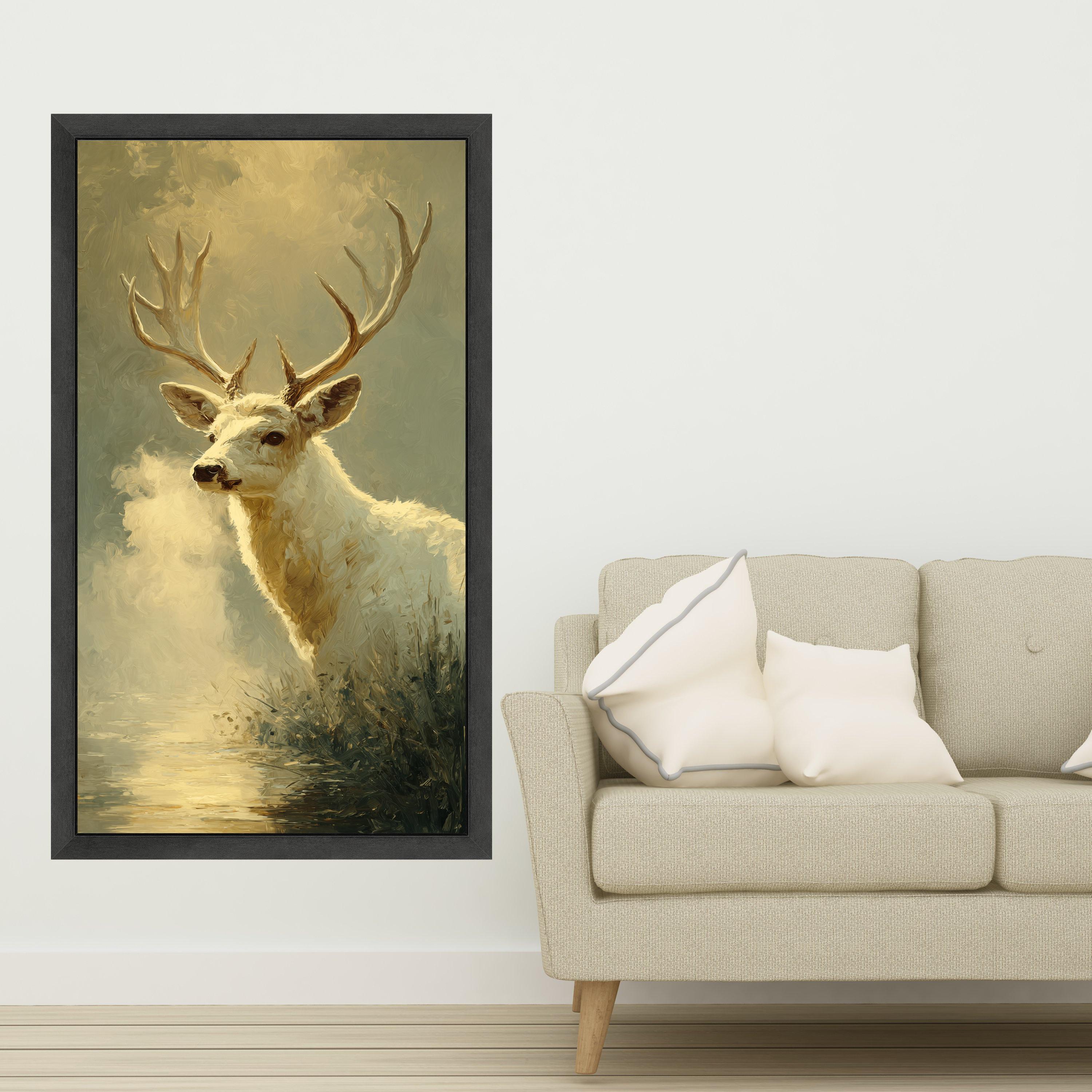 Majestic White Deer Canvas Wall Art, Nature Wildlife Painting, Rustic Forest Decor, Animal Canvas Print, Tranquil Woodland Scene