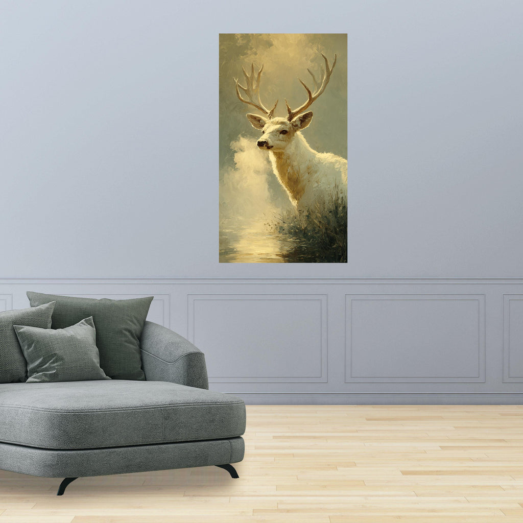 Majestic White Deer Canvas Wall Art, Nature Wildlife Painting, Rustic Forest Decor, Animal Canvas Print, Tranquil Woodland Scene