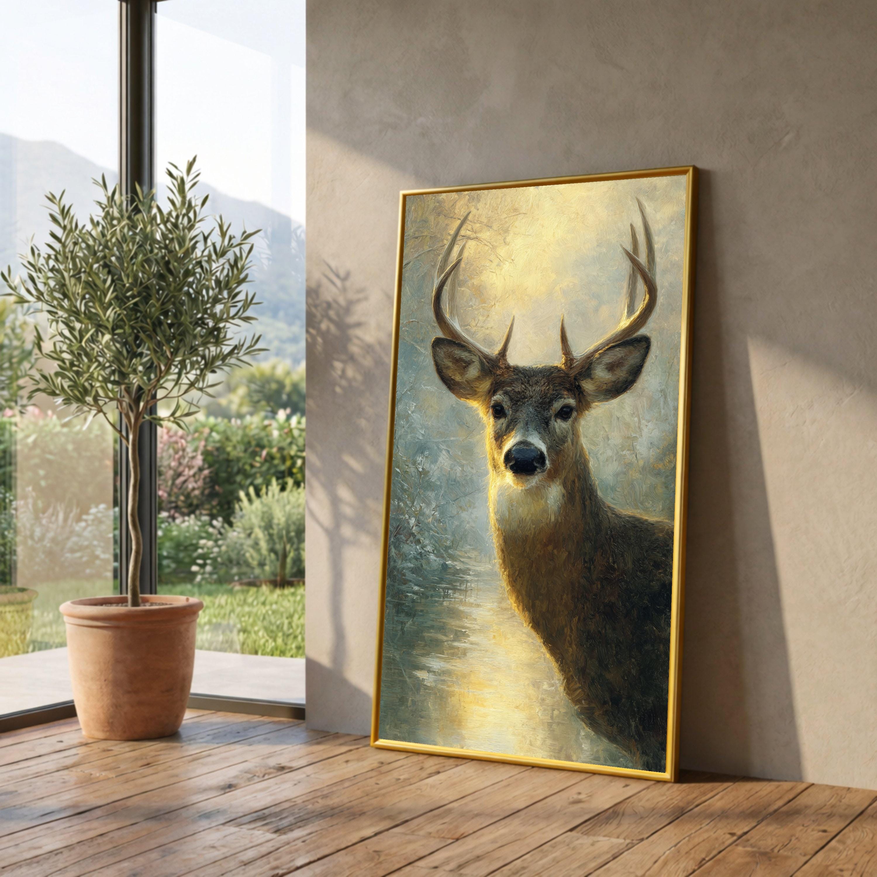 Majestic Buck Deer Canvas Wall Art, Wildlife Nature Painting, Rustic Cabin Decor, Animal Portrait Canvas, Forest Landscape Artwork