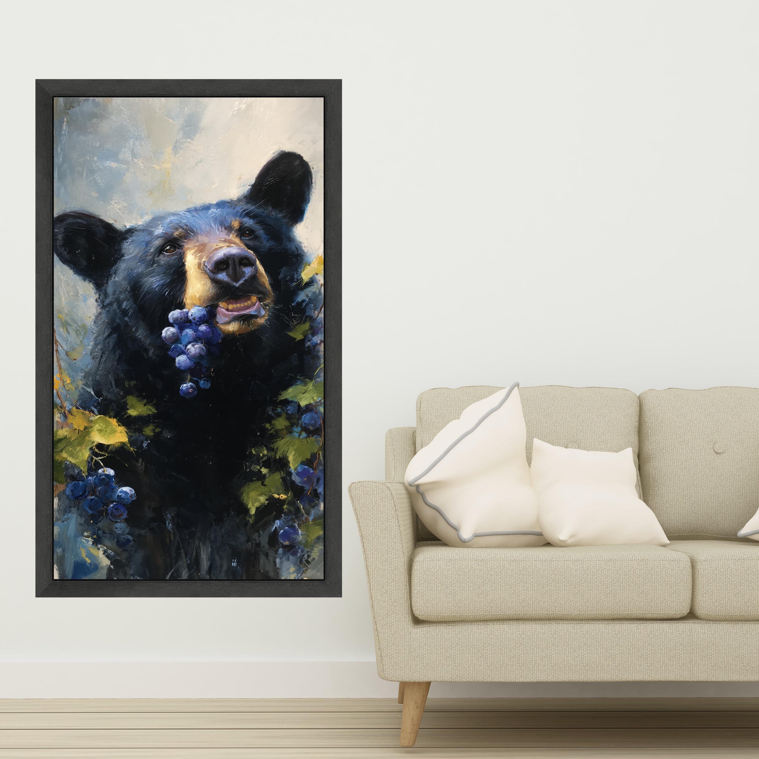 Playful Black Bear with Grapes Canvas, Wildlife Animal Art, Nature Scene Wall Decor, Rustic Cabin Canvas Art, Forest Life Painting