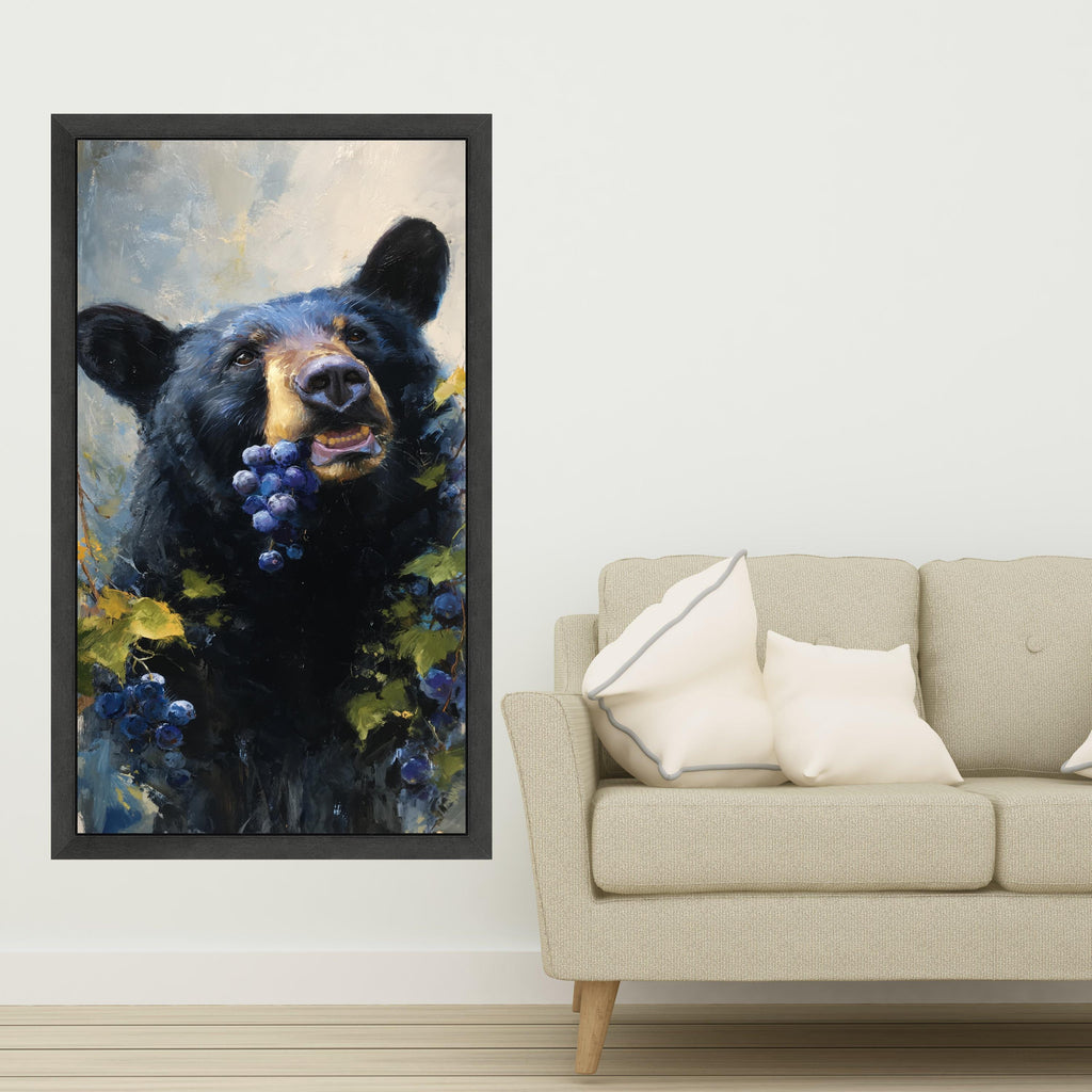 Playful Black Bear with Grapes Canvas, Wildlife Animal Art, Nature Scene Wall Decor, Rustic Cabin Canvas Art, Forest Life Painting