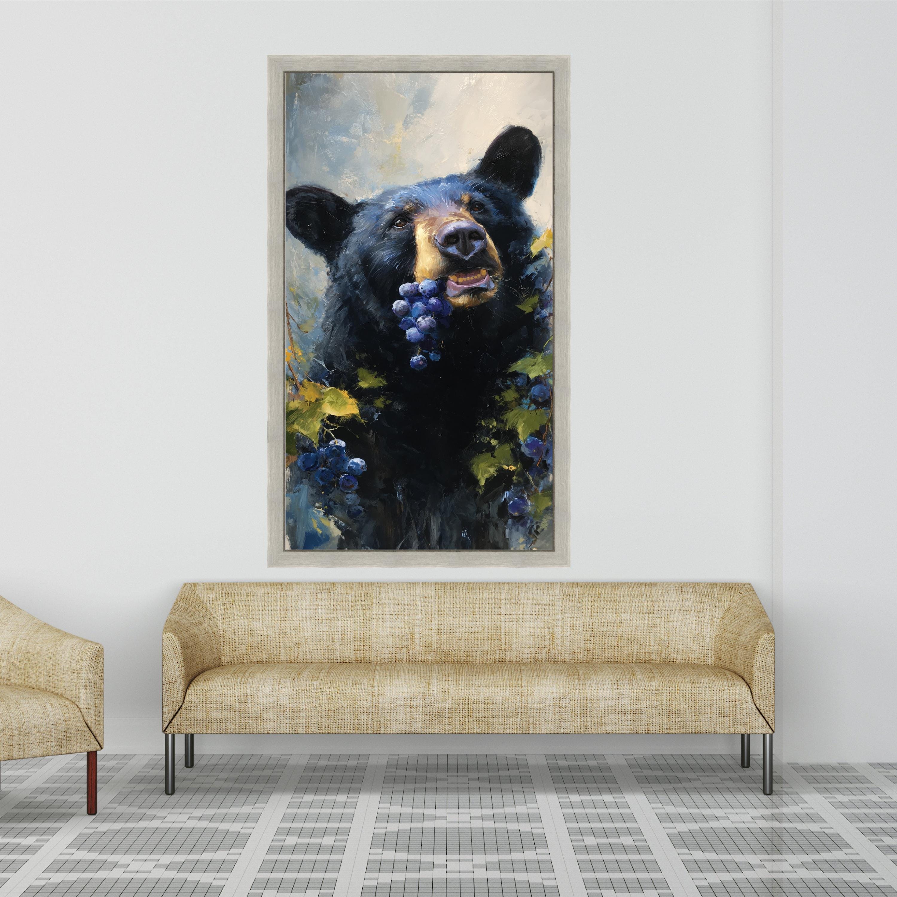 Playful Black Bear with Grapes Canvas, Wildlife Animal Art, Nature Scene Wall Decor, Rustic Cabin Canvas Art, Forest Life Painting
