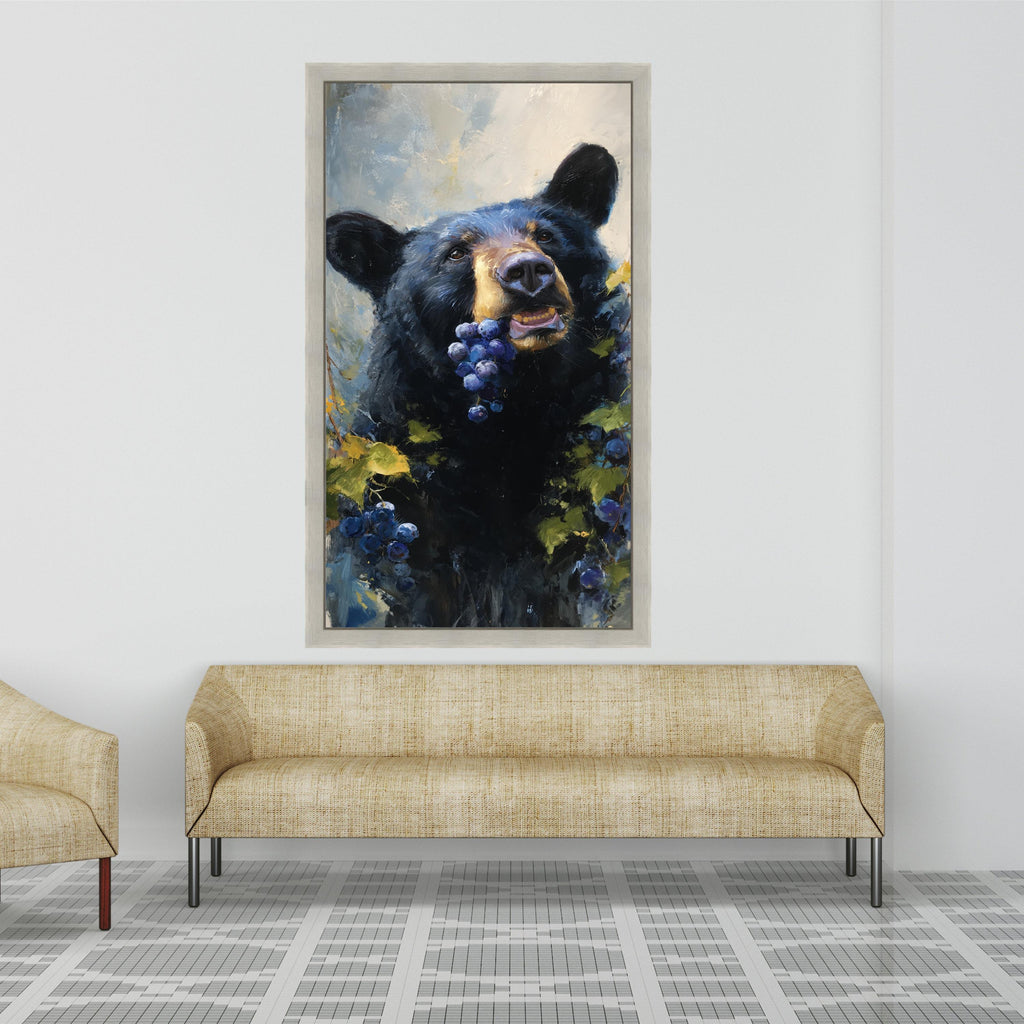 Playful Black Bear with Grapes Canvas, Wildlife Animal Art, Nature Scene Wall Decor, Rustic Cabin Canvas Art, Forest Life Painting
