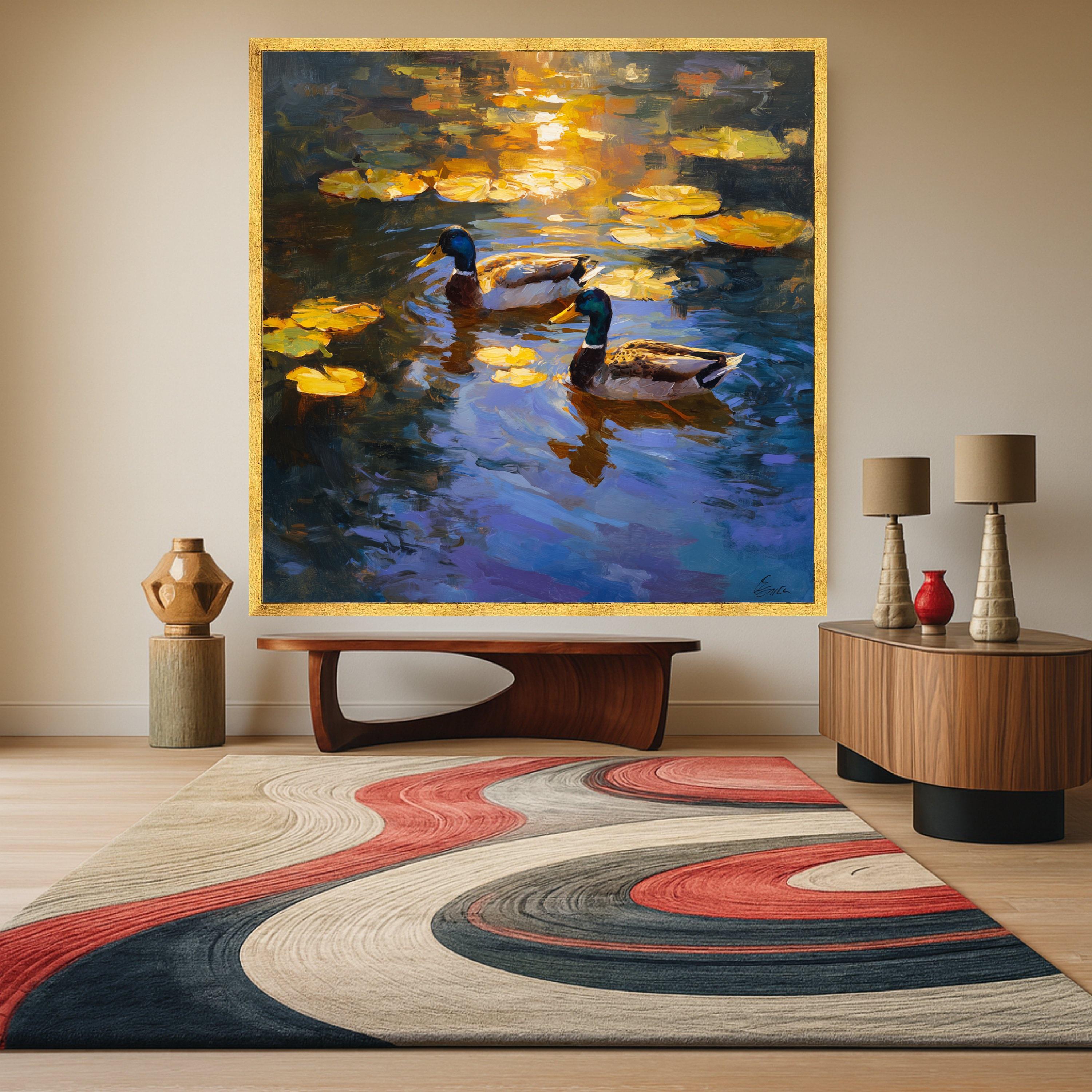 Tranquil Mallard Ducks at Sunset, Water Lilies Canvas, Nature Wildlife Wall Art, Serene Pond Scene, Home Decoration Canvas Print