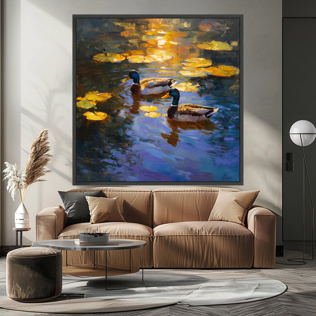 Tranquil Mallard Ducks at Sunset, Water Lilies Canvas, Nature Wildlife Wall Art, Serene Pond Scene, Home Decoration Canvas Print