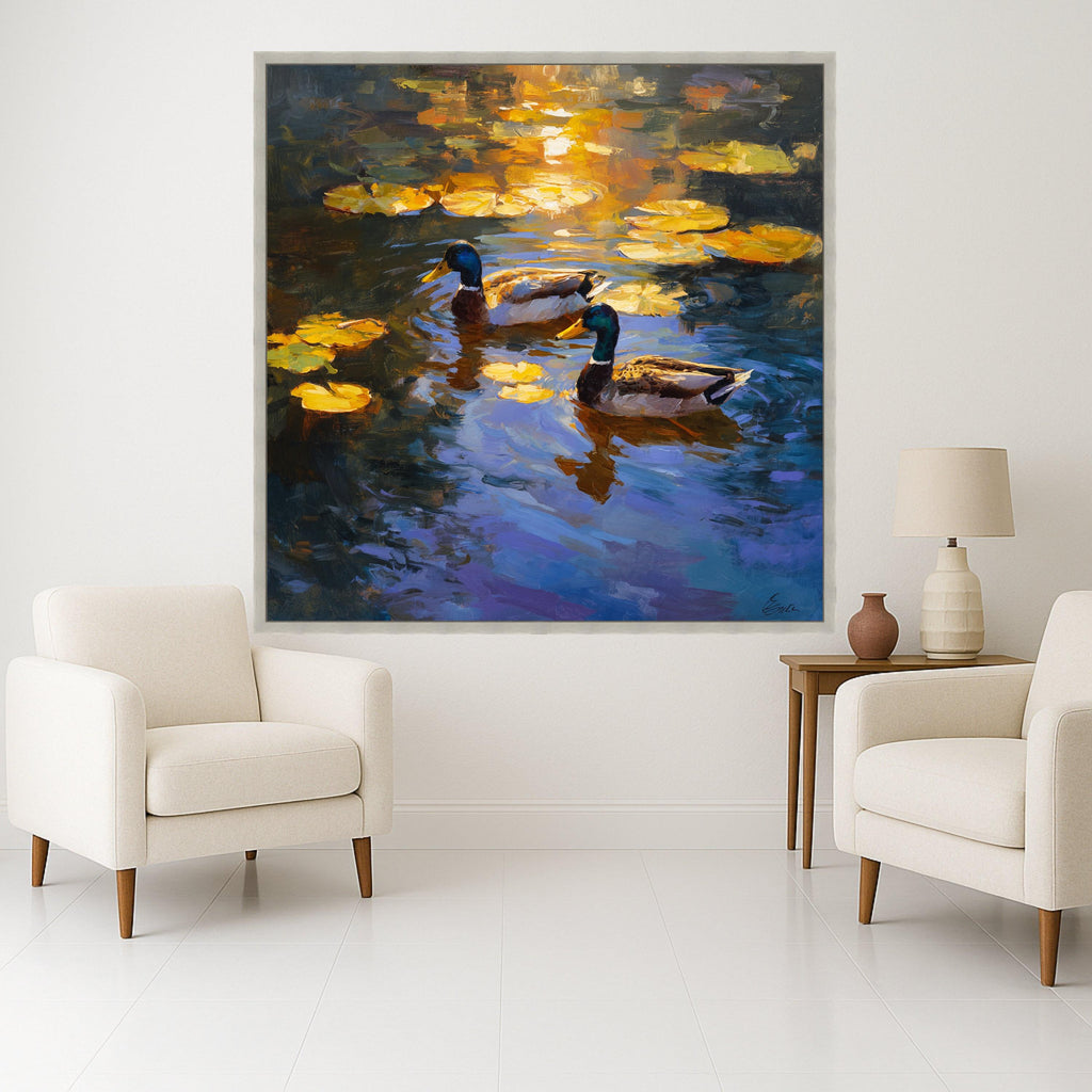Tranquil Mallard Ducks at Sunset, Water Lilies Canvas, Nature Wildlife Wall Art, Serene Pond Scene, Home Decoration Canvas Print