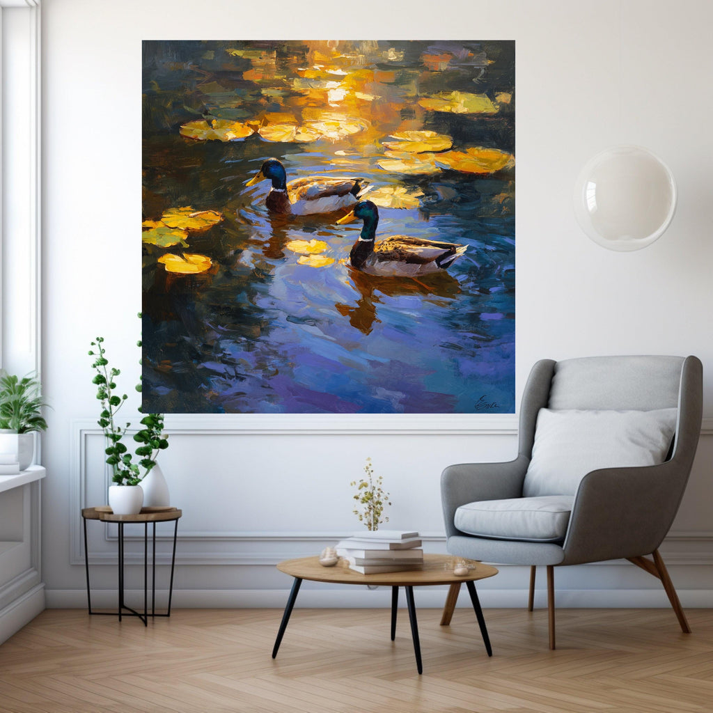 Tranquil Mallard Ducks at Sunset, Water Lilies Canvas, Nature Wildlife Wall Art, Serene Pond Scene, Home Decoration Canvas Print