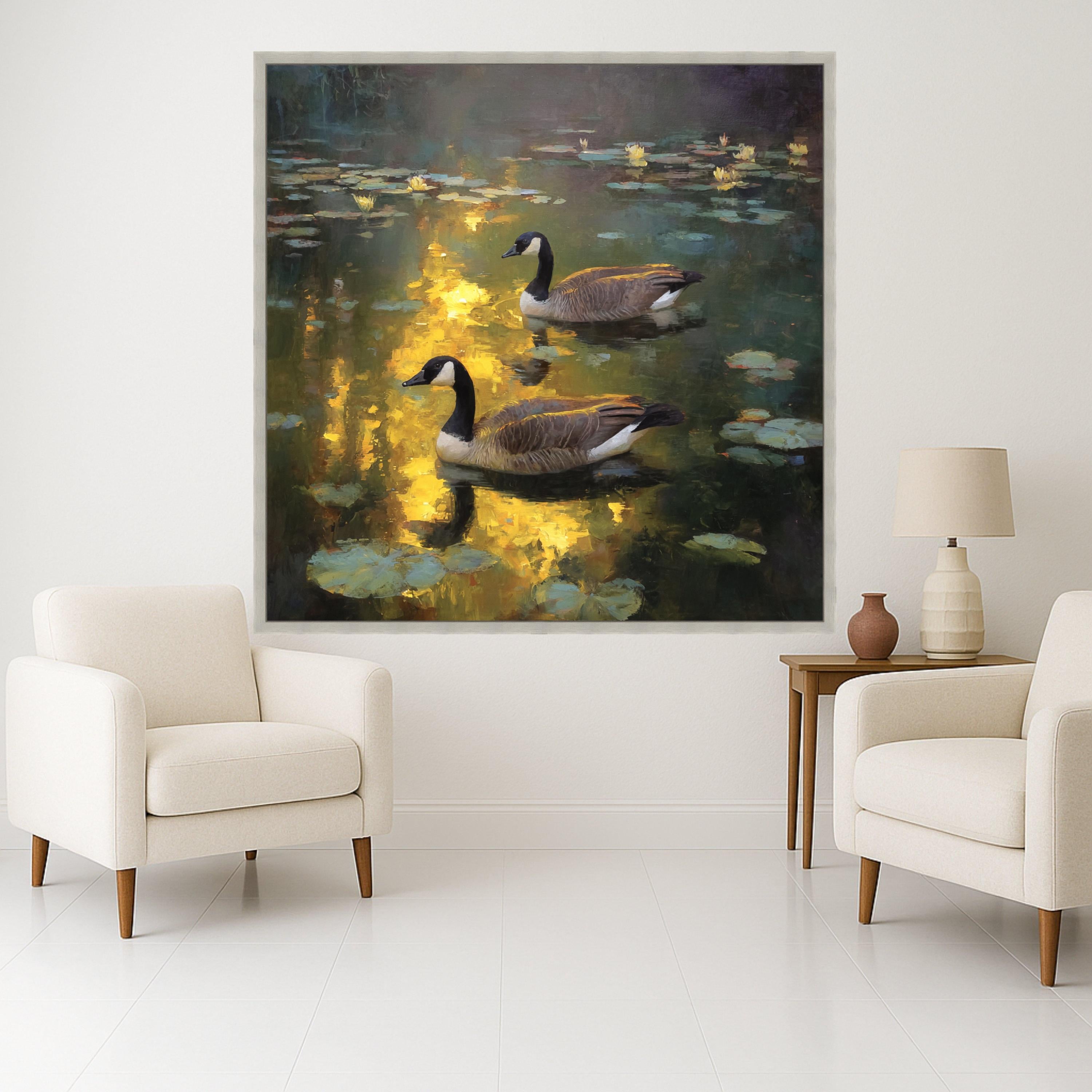 Tranquil Canada Geese on Pond Canvas, Water Lily Reflection Wall Art, Nature Wildlife Scene, Serene Waterfowl Home Decor, Ready to Hang
