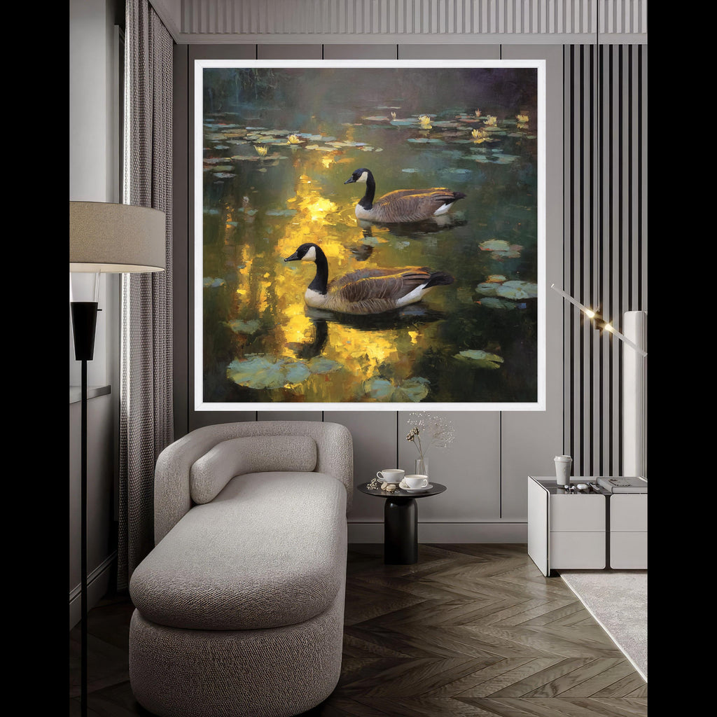 Tranquil Canada Geese on Pond Canvas, Water Lily Reflection Wall Art, Nature Wildlife Scene, Serene Waterfowl Home Decor, Ready to Hang