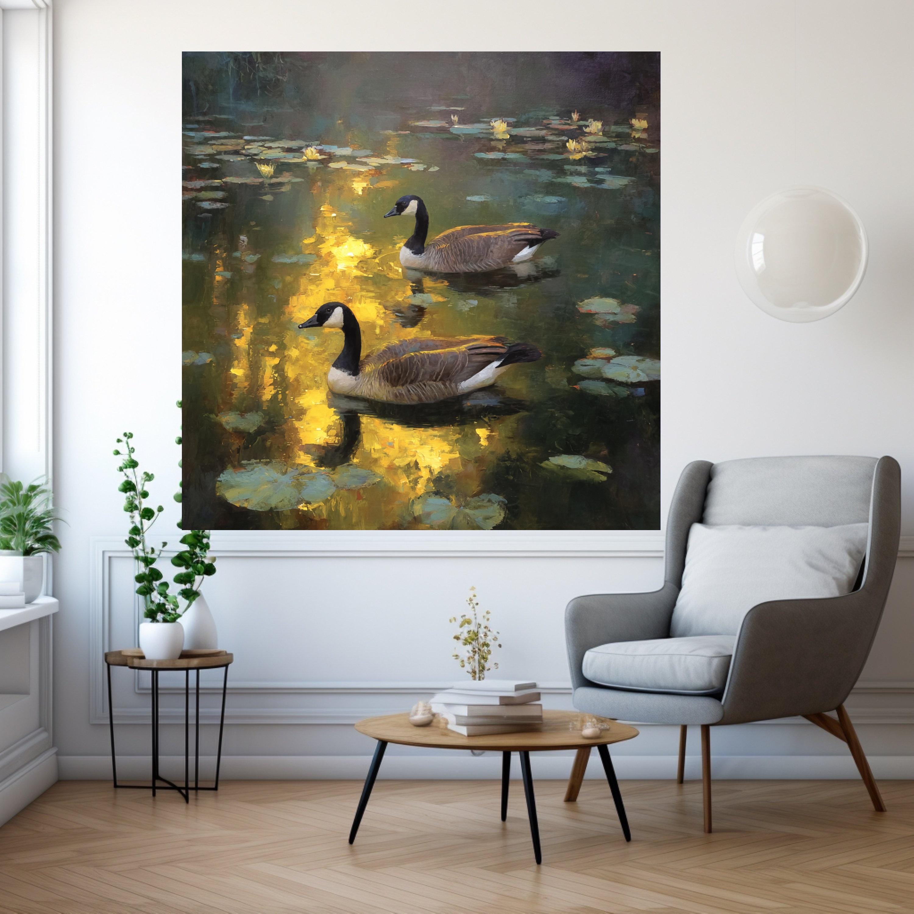 Tranquil Canada Geese on Pond Canvas, Water Lily Reflection Wall Art, Nature Wildlife Scene, Serene Waterfowl Home Decor, Ready to Hang