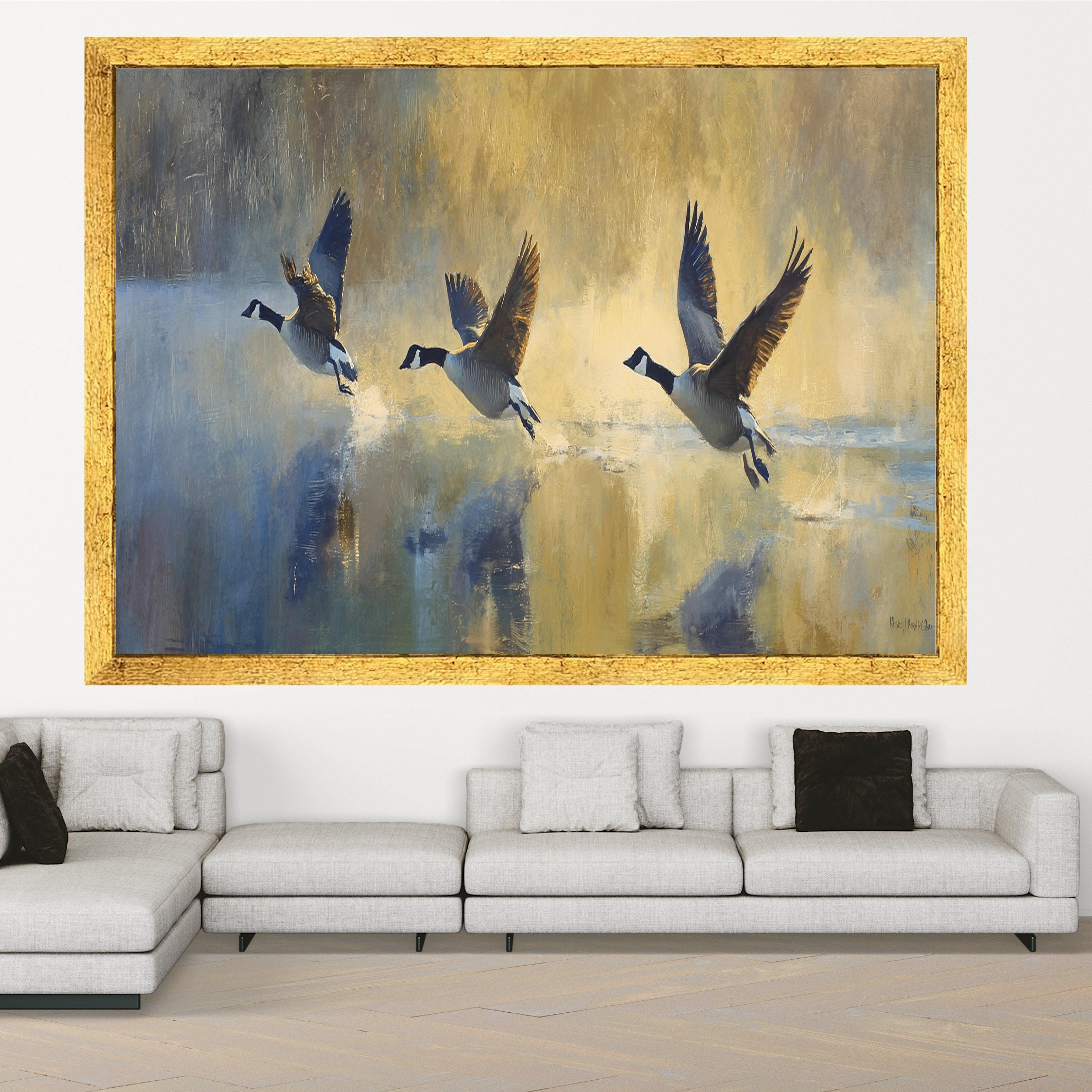 Canada Geese Flying Over Water Canvas, Wildlife Wall Art, Nature Bird Painting, Rustic Home Decor, Waterfowl Canvas Print, Ready to Hang