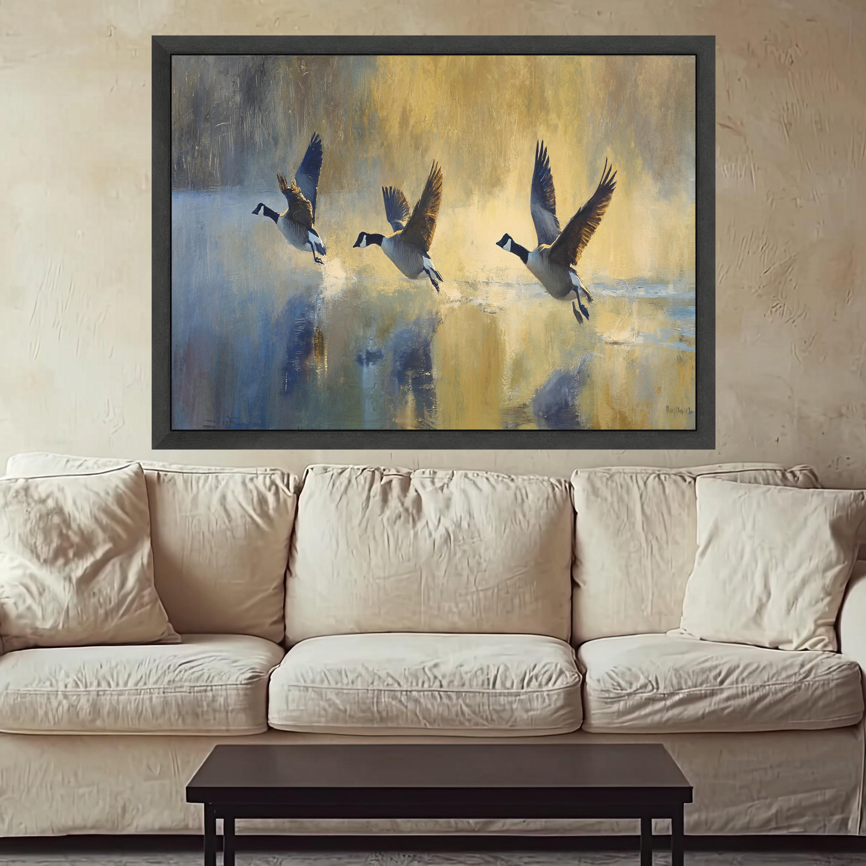 Canada Geese Flying Over Water Canvas, Wildlife Wall Art, Nature Bird Painting, Rustic Home Decor, Waterfowl Canvas Print, Ready to Hang