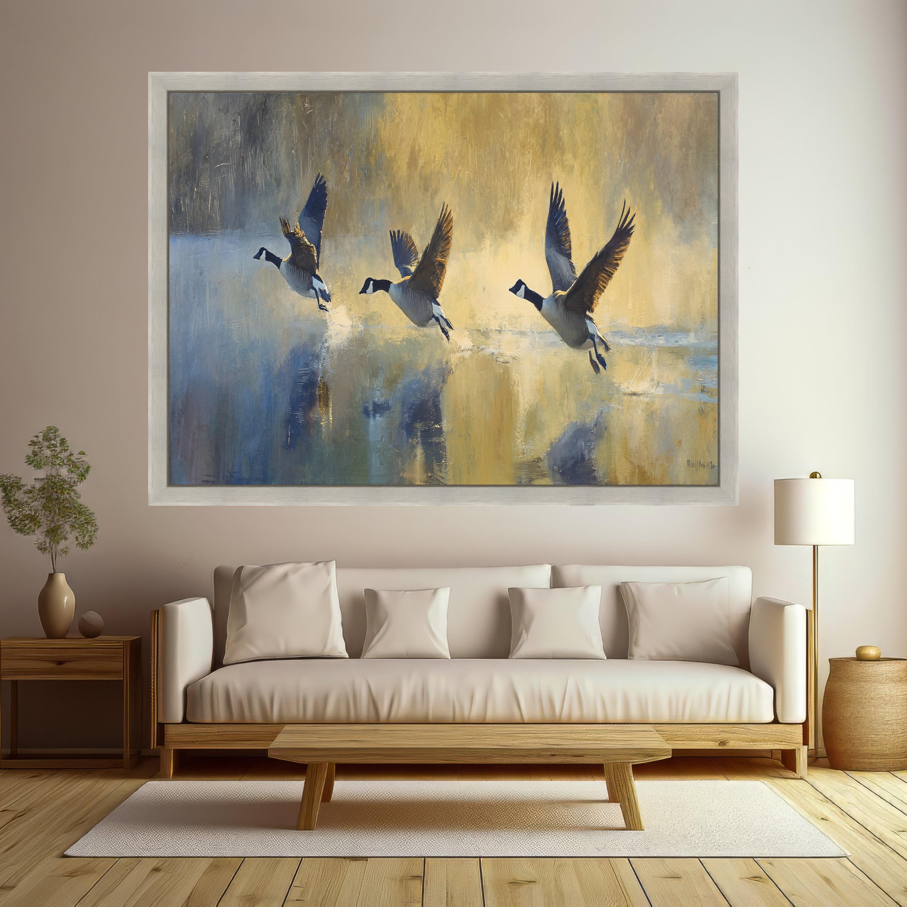 Canada Geese Flying Over Water Canvas, Wildlife Wall Art, Nature Bird Painting, Rustic Home Decor, Waterfowl Canvas Print, Ready to Hang