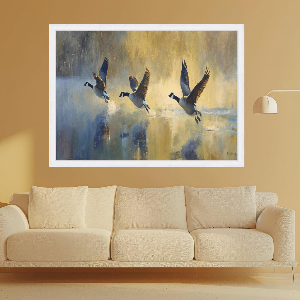 Canada Geese Flying Over Water Canvas, Wildlife Wall Art, Nature Bird Painting, Rustic Home Decor, Waterfowl Canvas Print, Ready to Hang