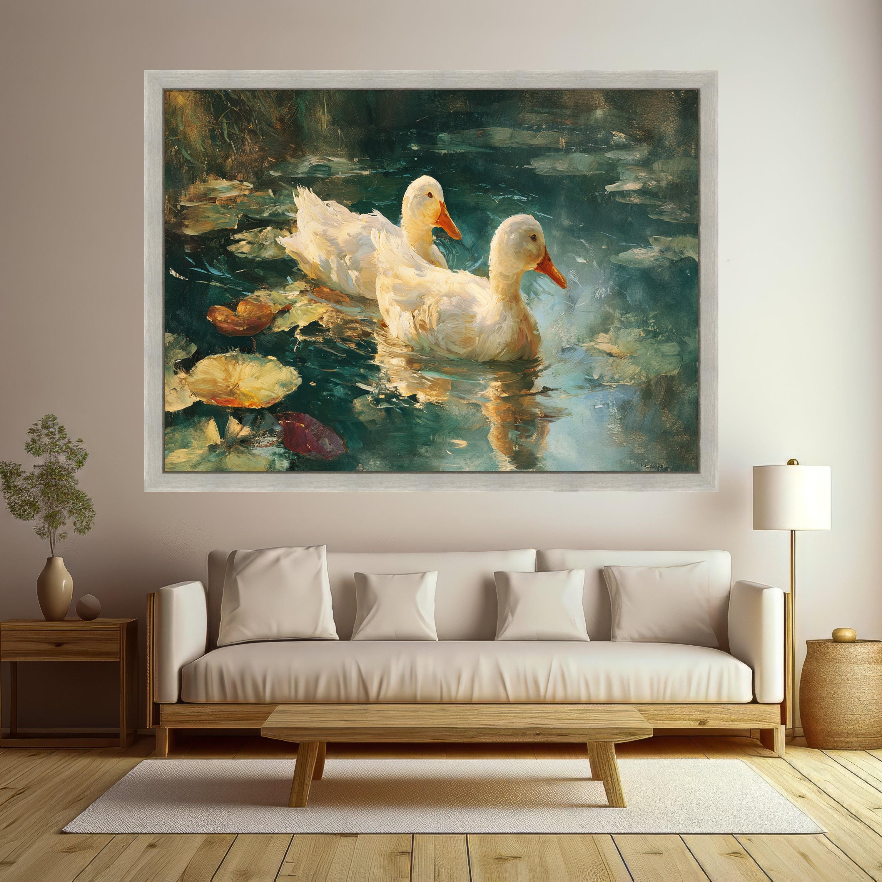 Serene White Ducks Canvas, Nature Waterfowl Wall Art, Tranquil Pond Scene, Water Lilies Canvas, Rustic Home Decor, Ready to Hang