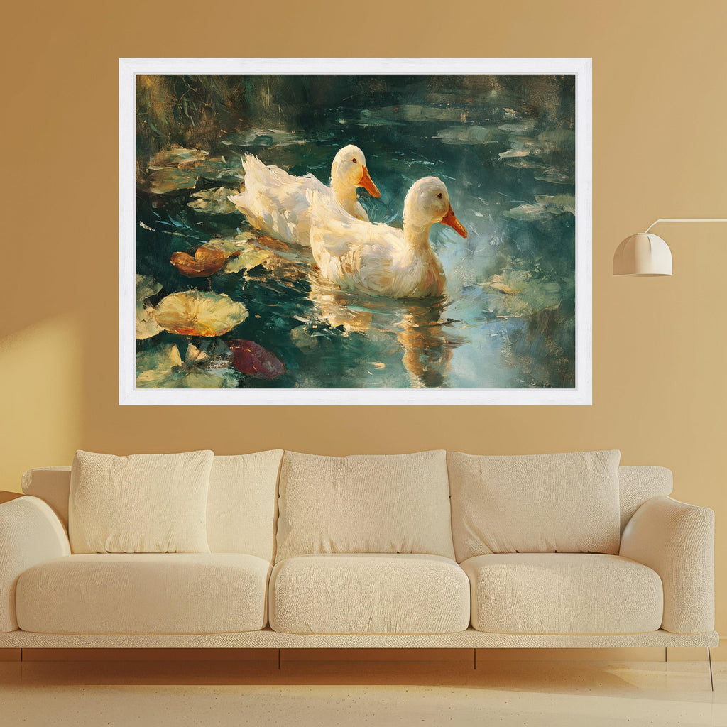 Serene White Ducks Canvas, Nature Waterfowl Wall Art, Tranquil Pond Scene, Water Lilies Canvas, Rustic Home Decor, Ready to Hang