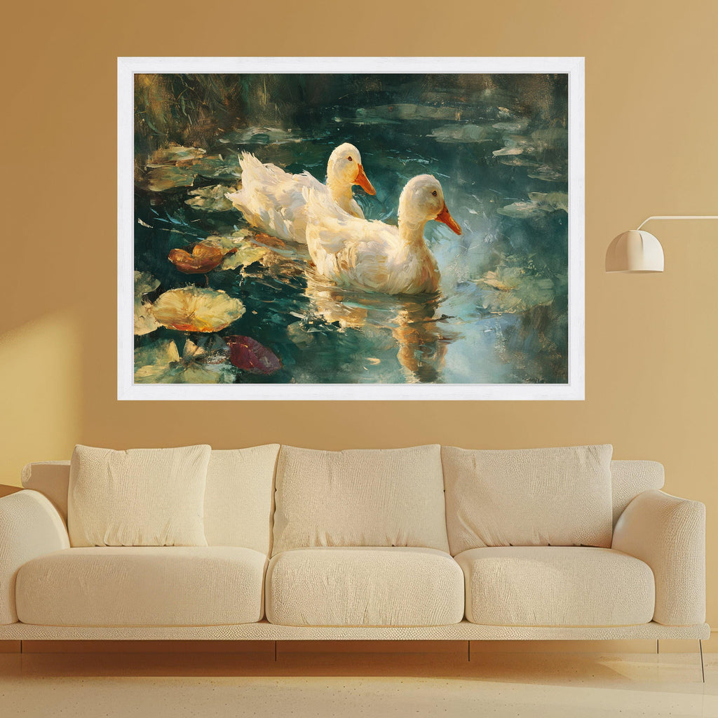 Serene White Ducks Canvas, Nature Waterfowl Wall Art, Tranquil Pond Scene, Water Lilies Canvas, Rustic Home Decor, Ready to Hang