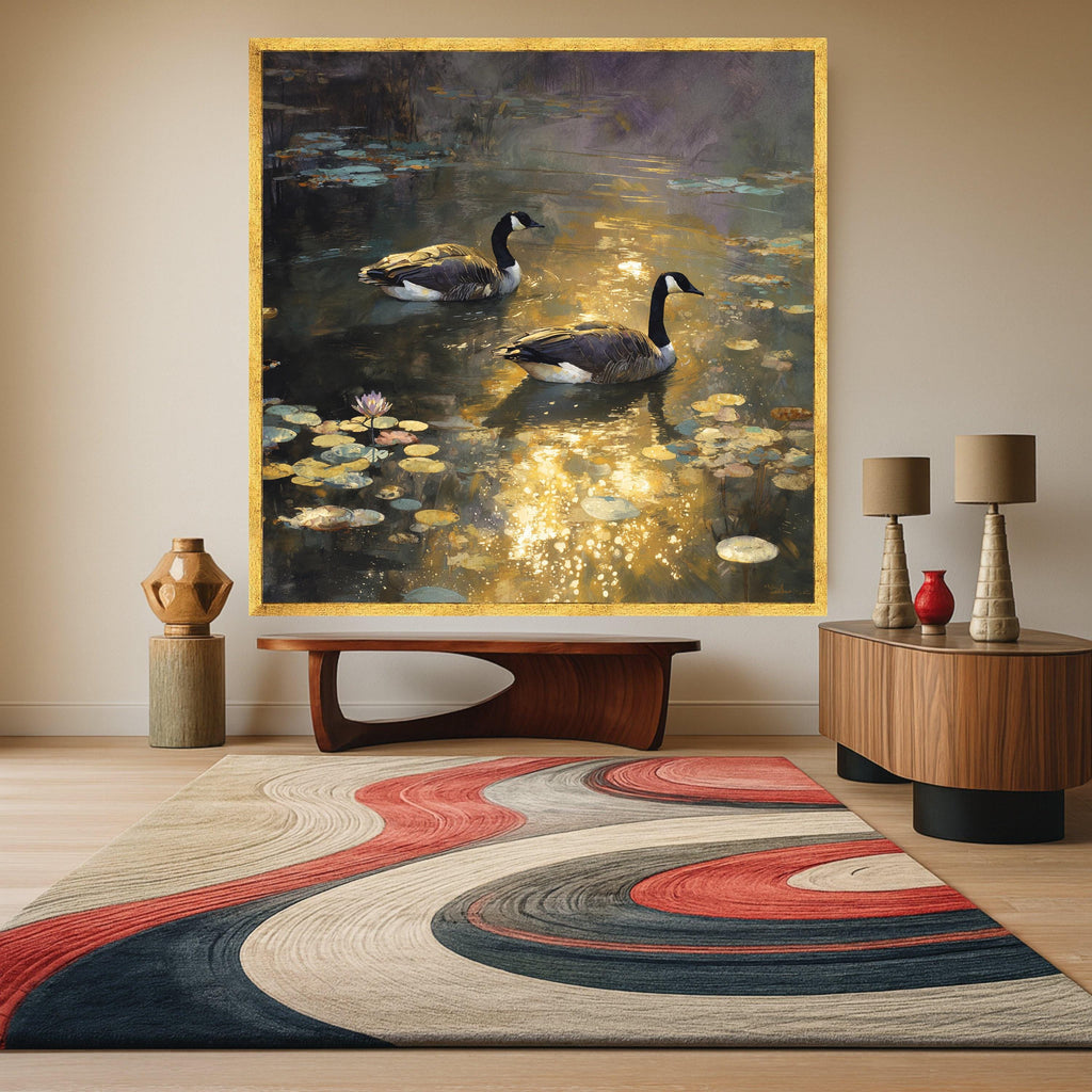 Tranquil Pond Scene with Geese, Water Lilies Canvas Wall Art, Reflective Nature Landscape, Wildlife Painting Print, Golden Hour Home Decor