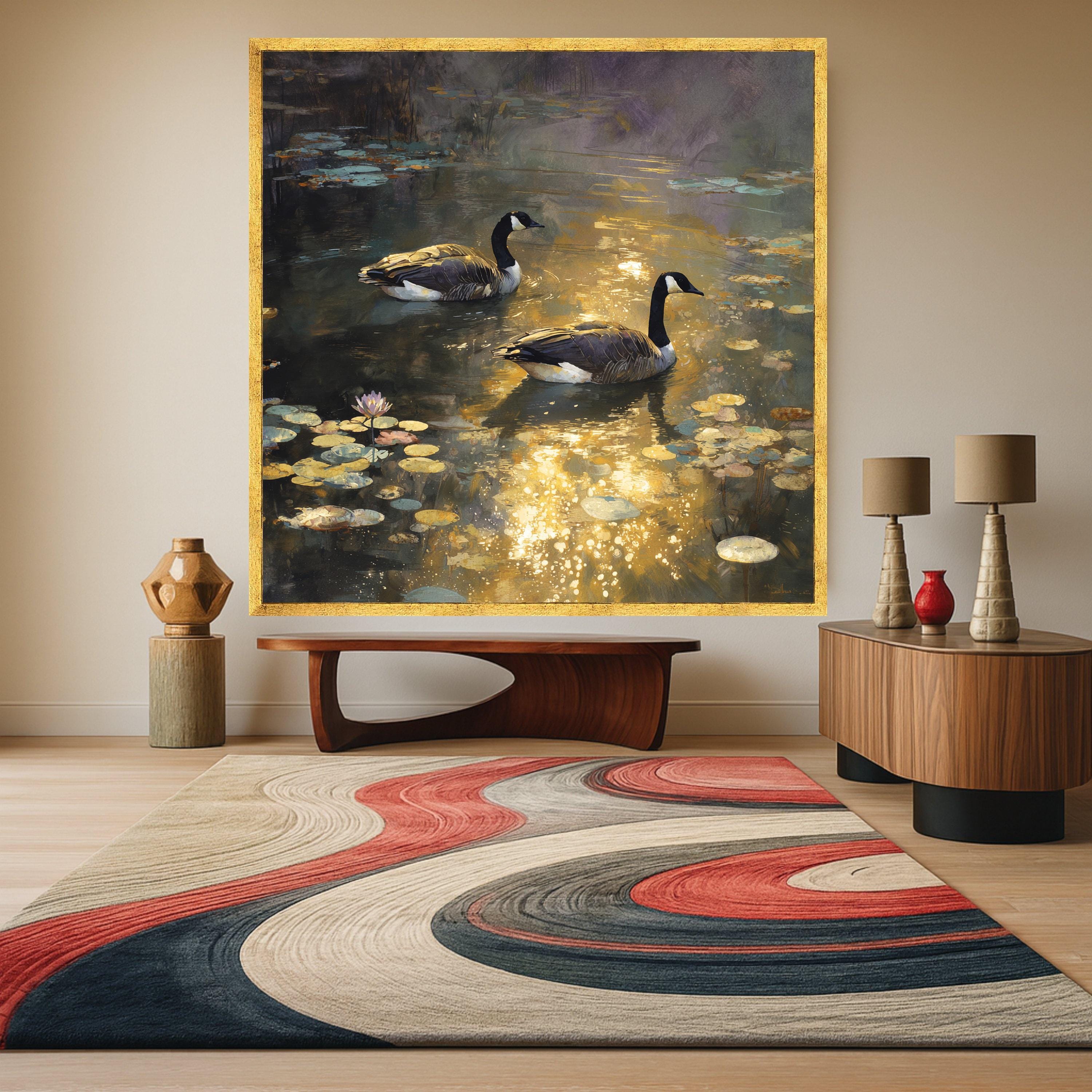 Tranquil Pond Scene with Geese, Water Lilies Canvas Wall Art, Reflective Nature Landscape, Wildlife Painting Print, Golden Hour Home Decor