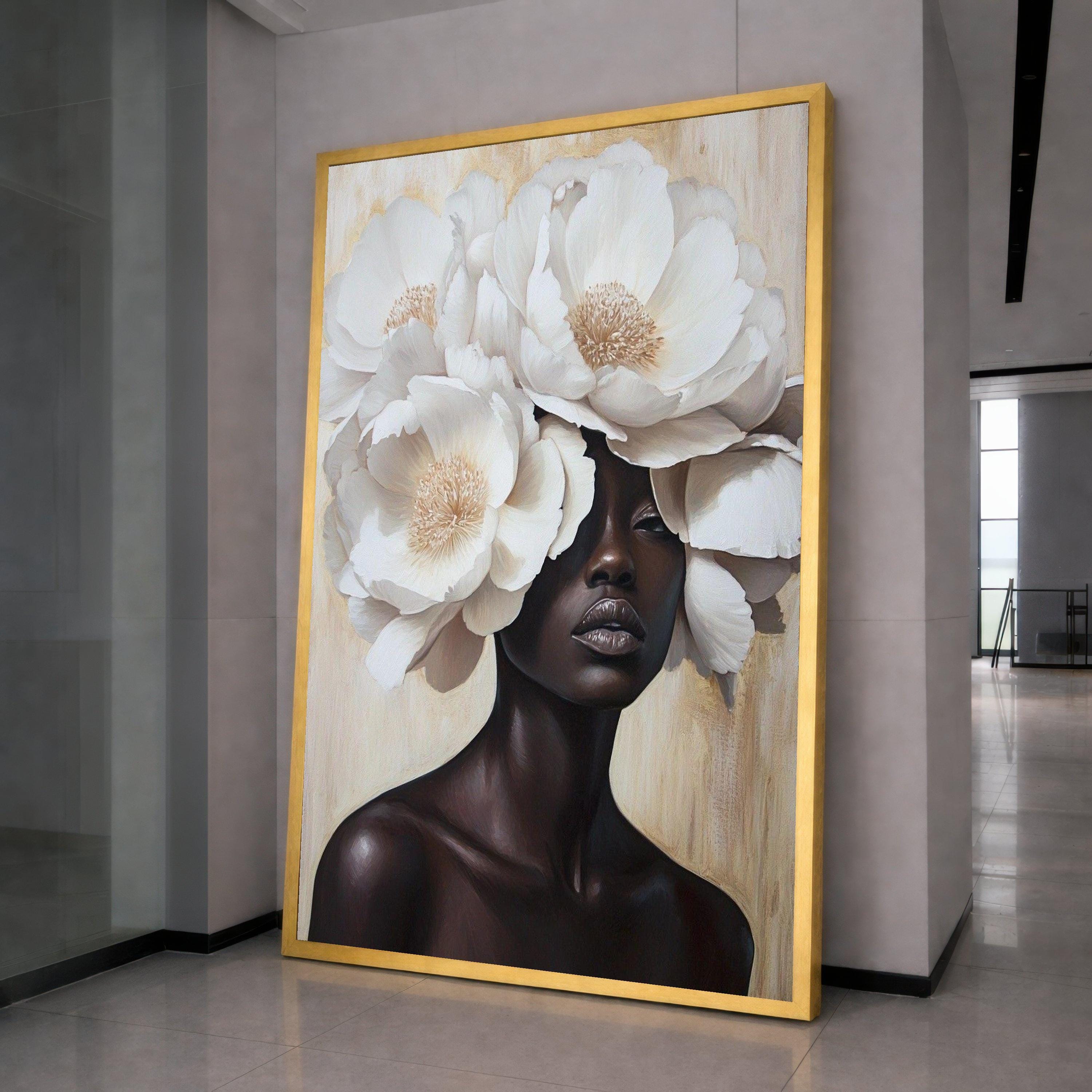Elegant Woman Portrait with White Peony Flowers Canvas, Floral Headpiece Wall Art, Modern Feminine Decor, Luxury Canvas Painting, Ready to