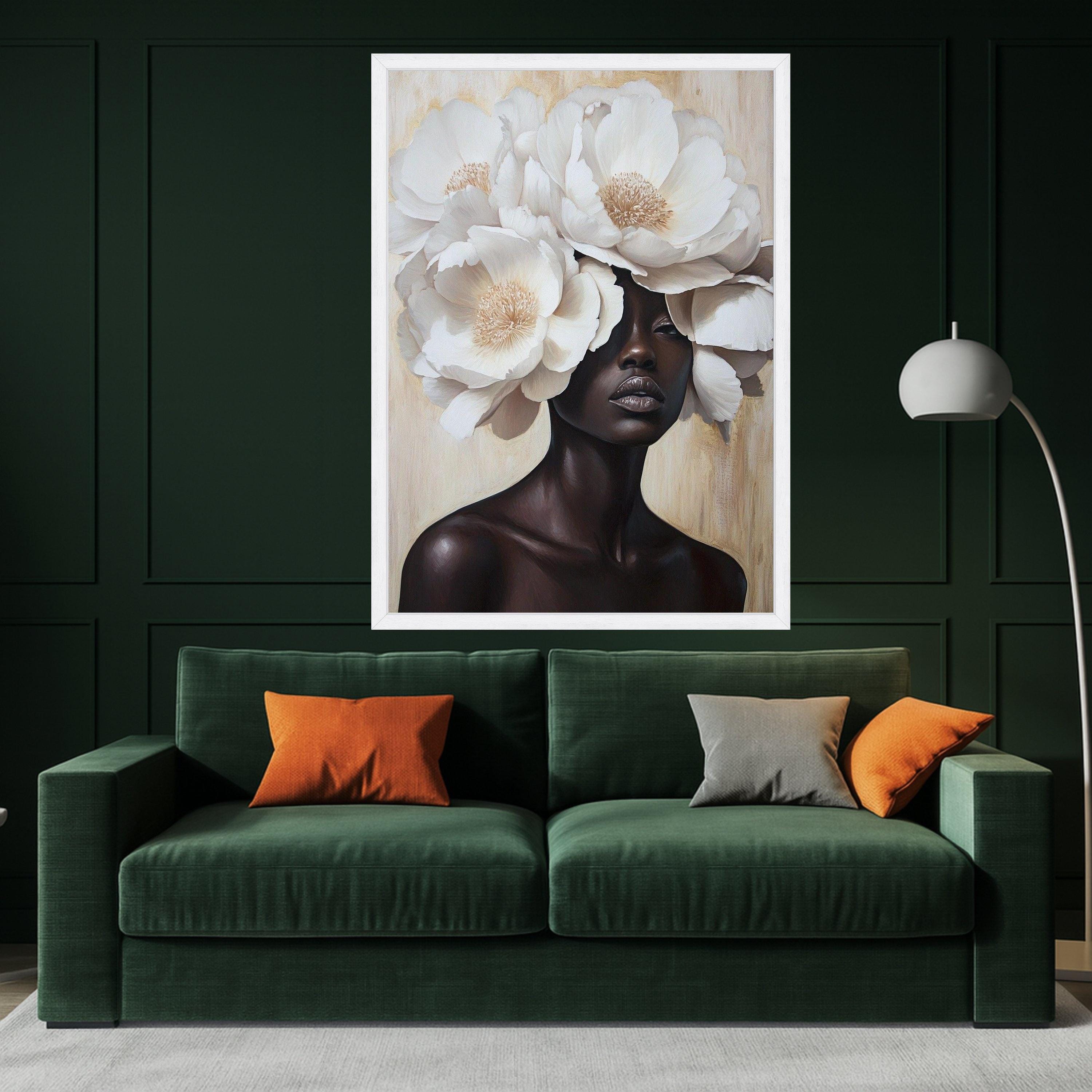 Elegant Woman Portrait with White Peony Flowers Canvas, Floral Headpiece Wall Art, Modern Feminine Decor, Luxury Canvas Painting, Ready to
