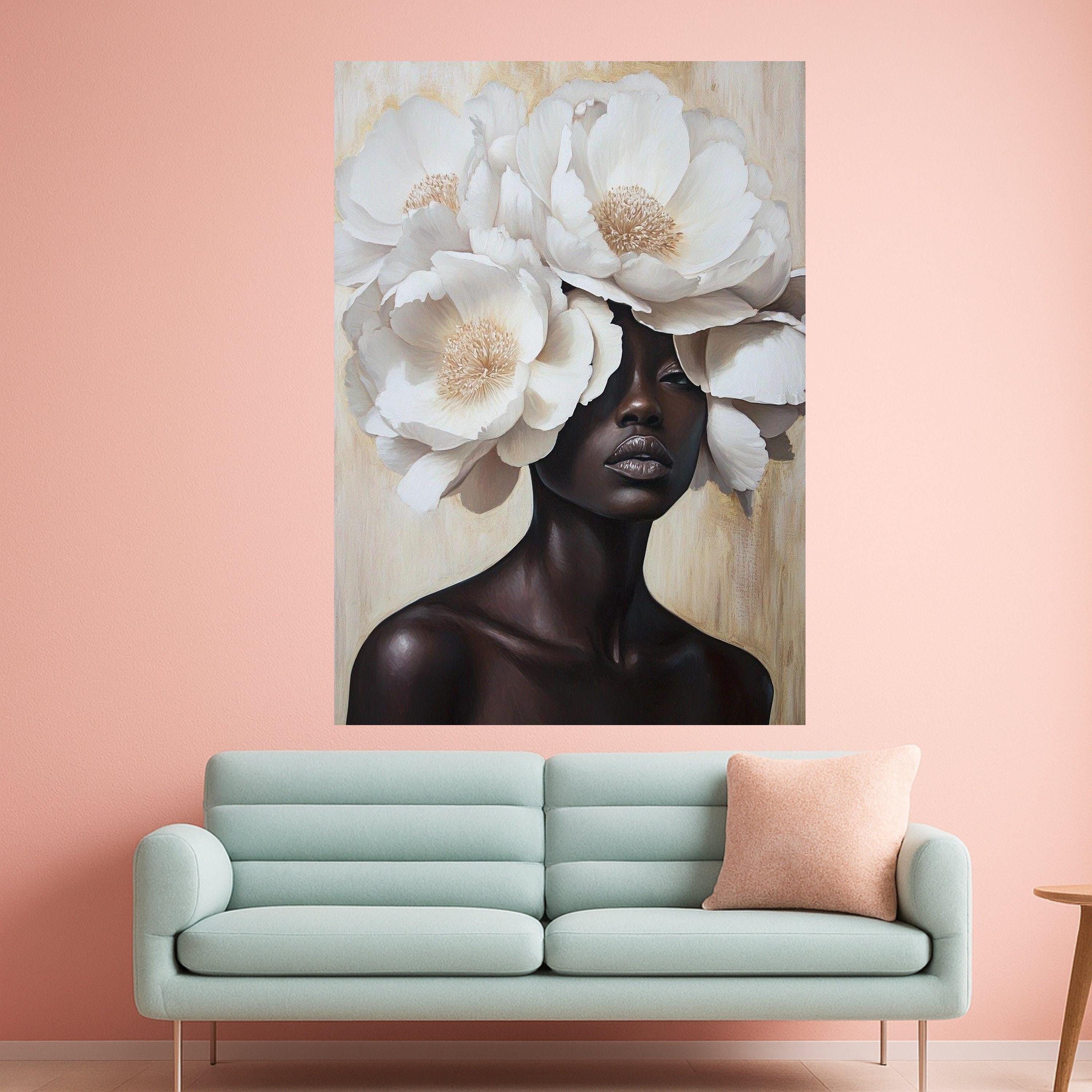 Elegant Woman Portrait with White Peony Flowers Canvas, Floral Headpiece Wall Art, Modern Feminine Decor, Luxury Canvas Painting, Ready to