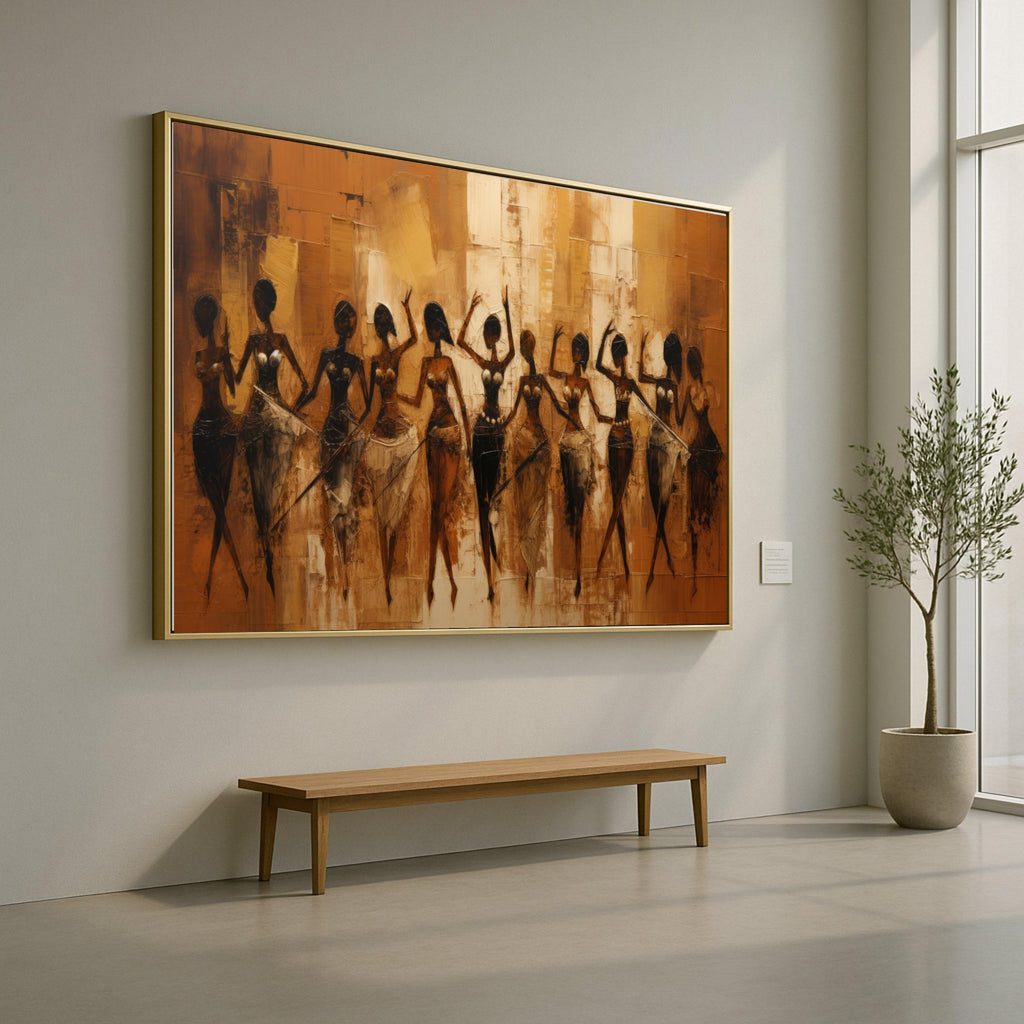African Tribal Women Dance Canvas, Ethnic Abstract Art, Warm Earth Tone Wall Art, Cultural Figure Painting, Contemporary Home Decor