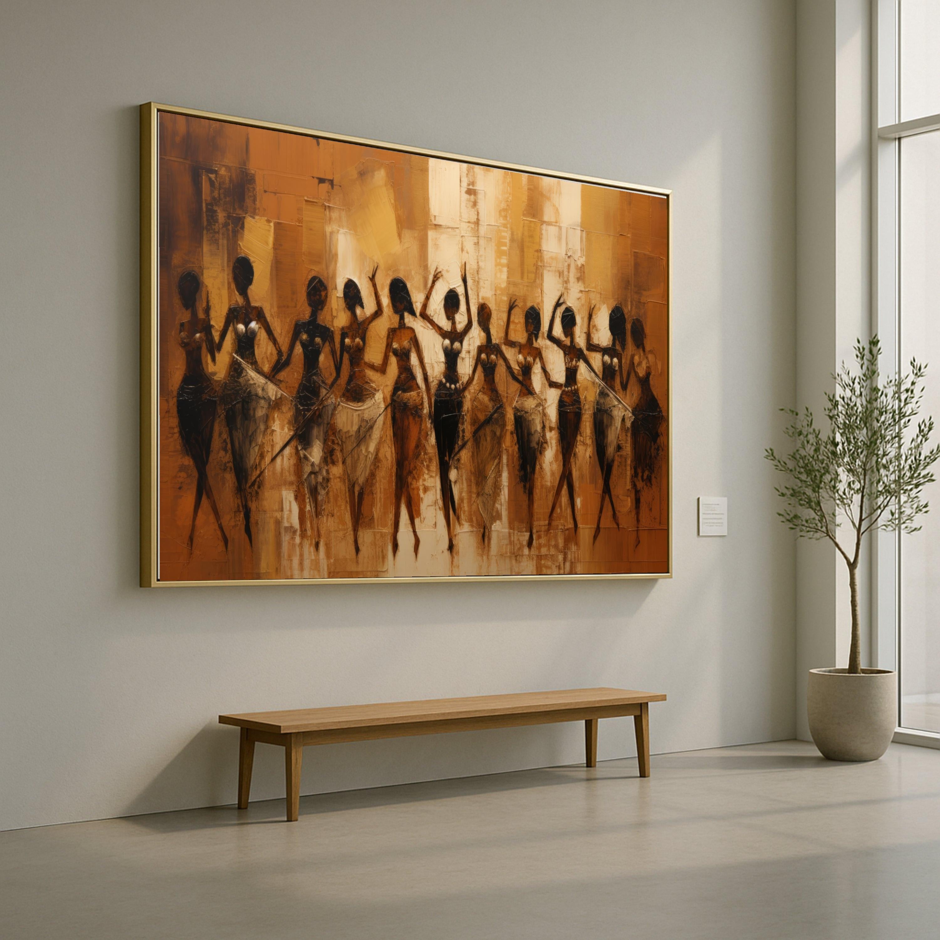 African Tribal Women Dance Canvas, Ethnic Abstract Art, Warm Earth Tone Wall Art, Cultural Figure Painting, Contemporary Home Decor