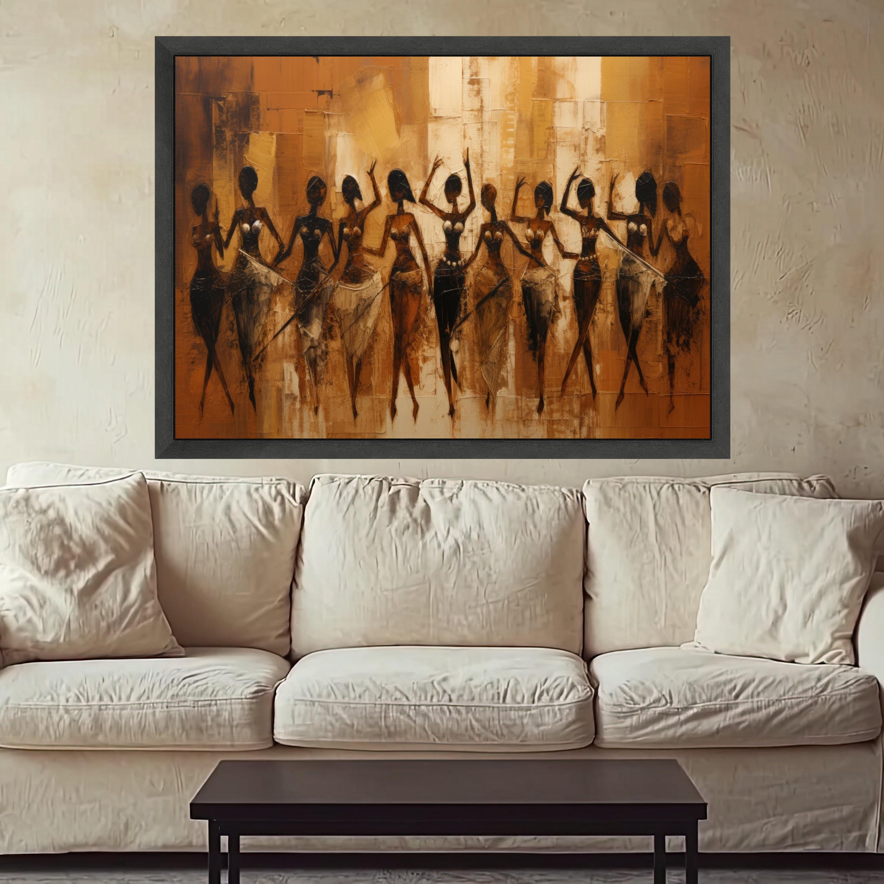 African Tribal Women Dance Canvas, Ethnic Abstract Art, Warm Earth Tone Wall Art, Cultural Figure Painting, Contemporary Home Decor