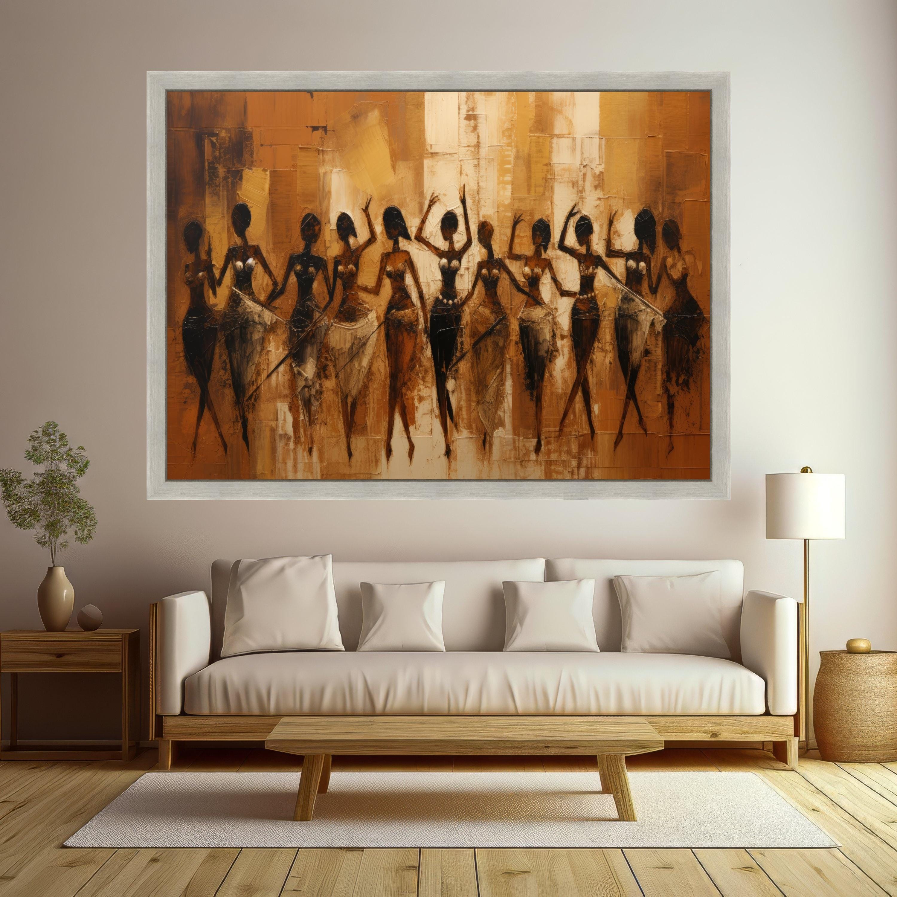 African Tribal Women Dance Canvas, Ethnic Abstract Art, Warm Earth Tone Wall Art, Cultural Figure Painting, Contemporary Home Decor