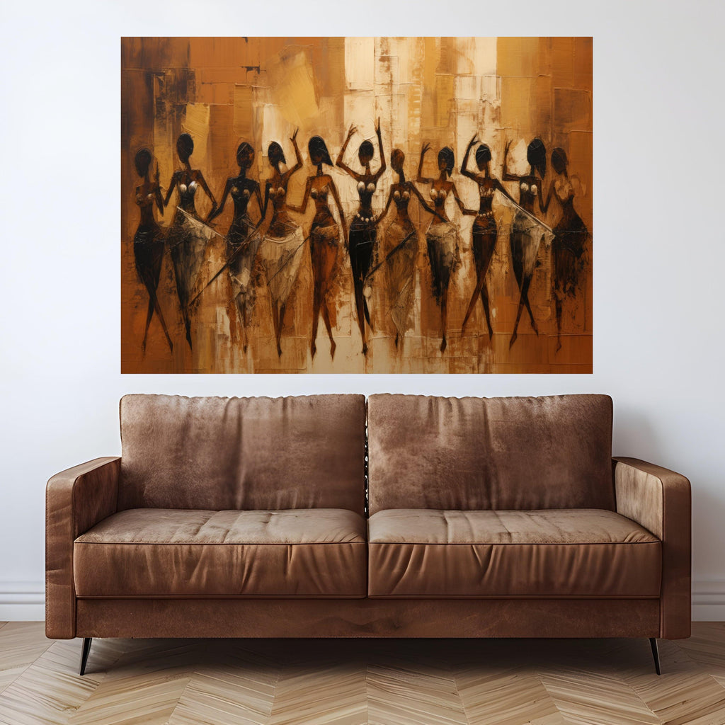 African Tribal Women Dance Canvas, Ethnic Abstract Art, Warm Earth Tone Wall Art, Cultural Figure Painting, Contemporary Home Decor