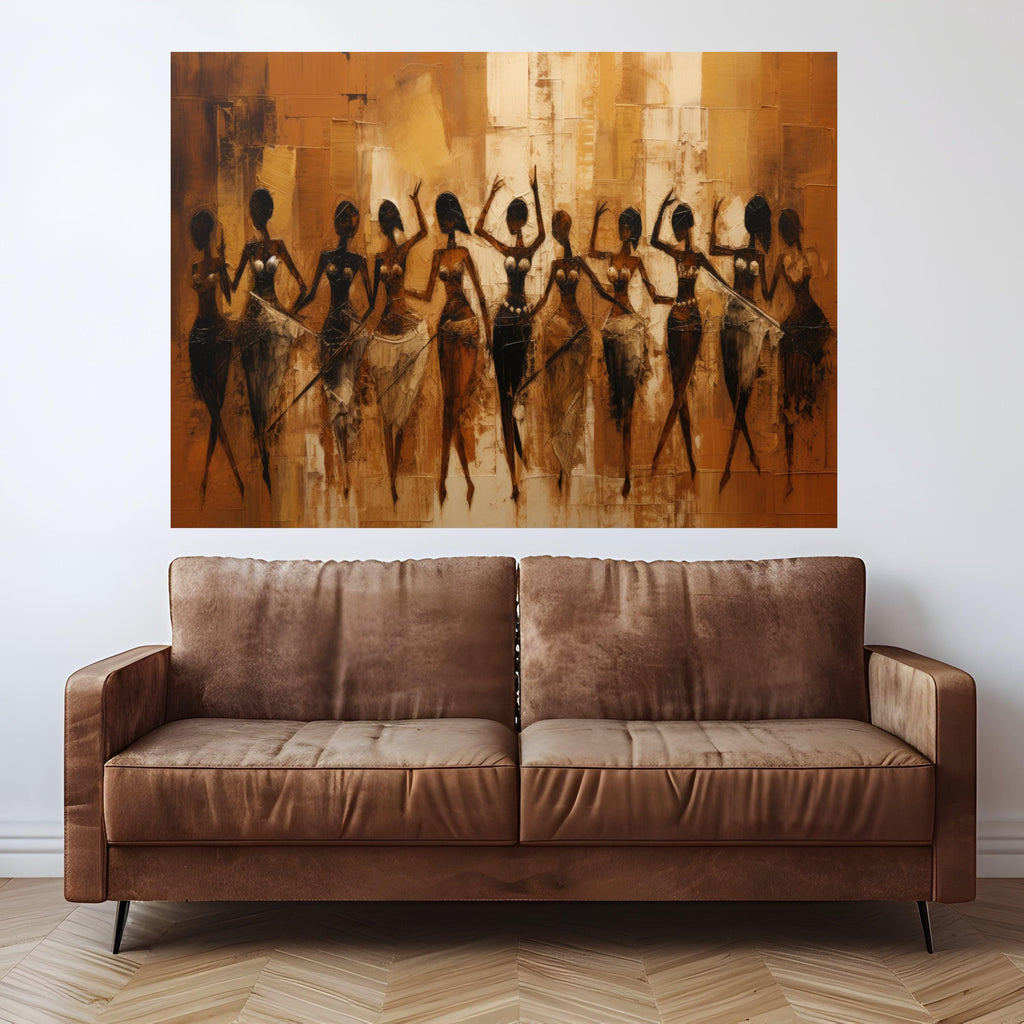 African Tribal Women Dance Canvas, Ethnic Abstract Art, Warm Earth Tone Wall Art, Cultural Figure Painting, Contemporary Home Decor