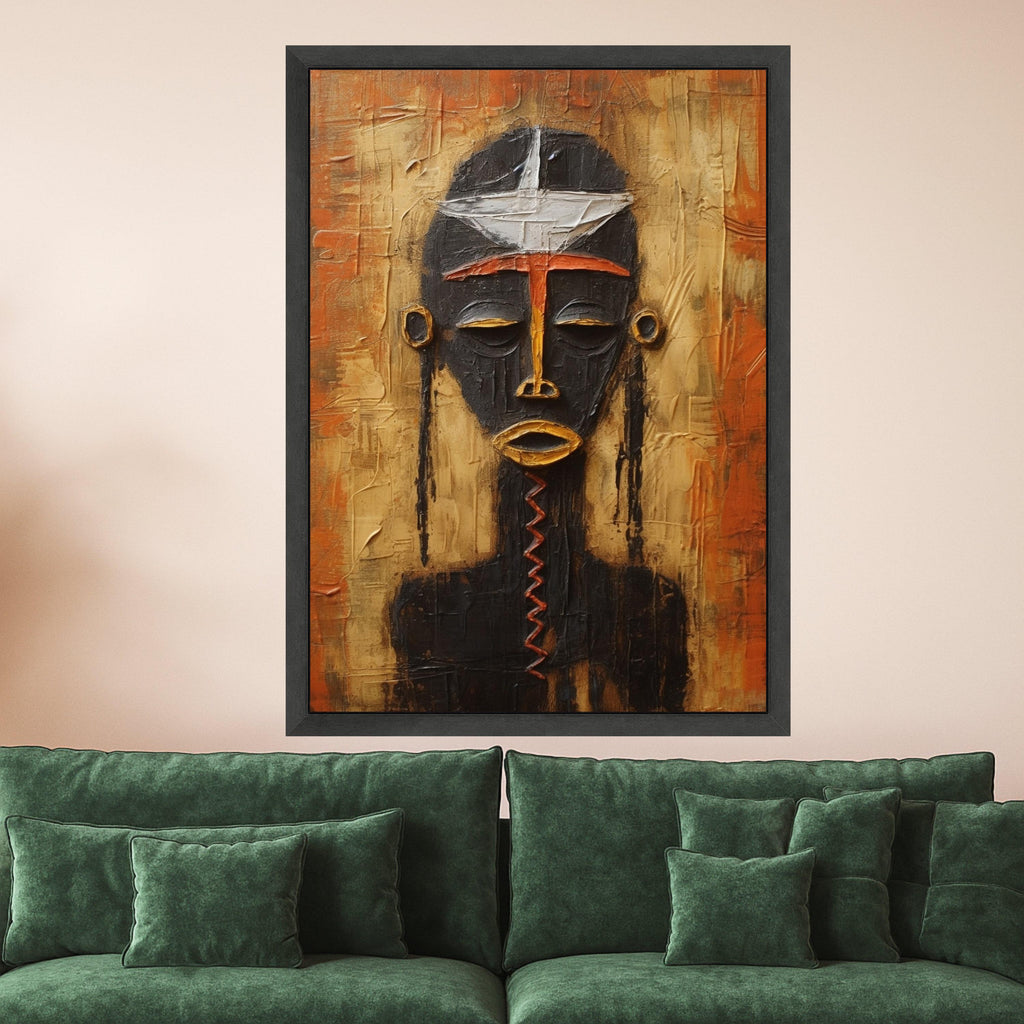 Abstract African Mask Canvas Wall Art, Tribal Face Painting, Ethnic Home Decor, Modern Art, Vibrant Orange and Black Canvas