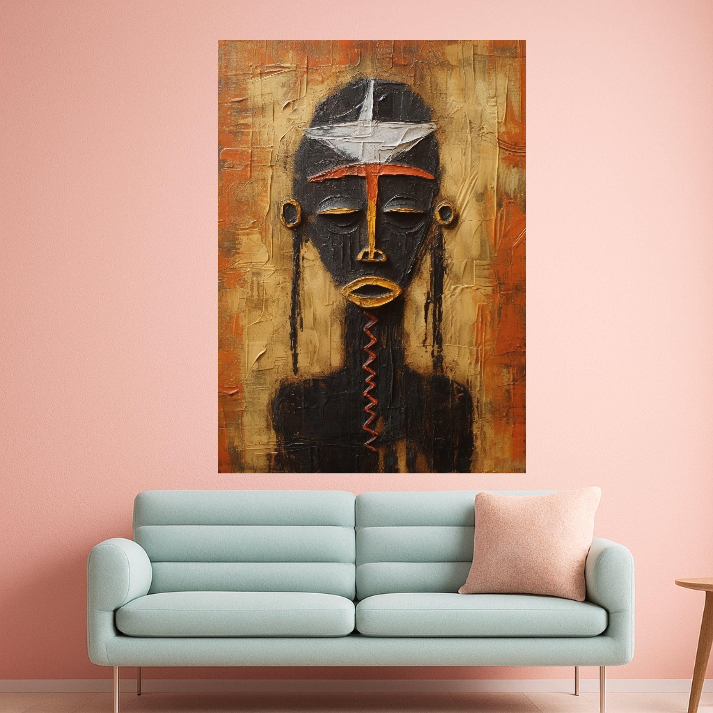 Abstract African Mask Canvas Wall Art, Tribal Face Painting, Ethnic Home Decor, Modern Art, Vibrant Orange and Black Canvas