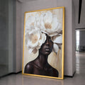 Elegant Black Woman Portrait Canvas, White Floral Headpiece Wall Art, Modern Feminine Canvas, Contemporary Art Decoration, Luxury Home