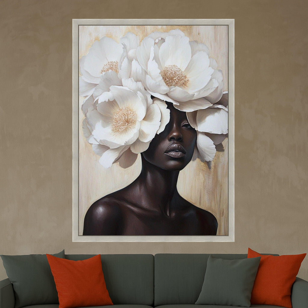 Elegant Black Woman Portrait Canvas, White Floral Headpiece Wall Art, Modern Feminine Canvas, Contemporary Art Decoration, Luxury Home
