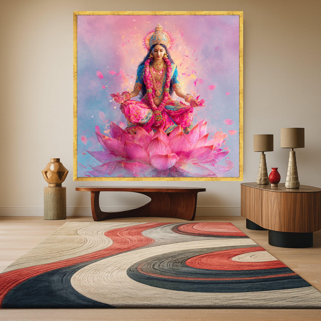 Vibrant Goddess Lakshmi Meditation Canvas, Spiritual Indian Art, Pink Lotus Flower Wall Decor, Sacred Hindu Deity Canvas, Home Meditation