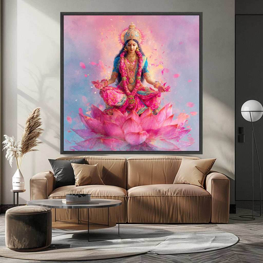 Vibrant Goddess Lakshmi Meditation Canvas, Spiritual Indian Art, Pink Lotus Flower Wall Decor, Sacred Hindu Deity Canvas, Home Meditation