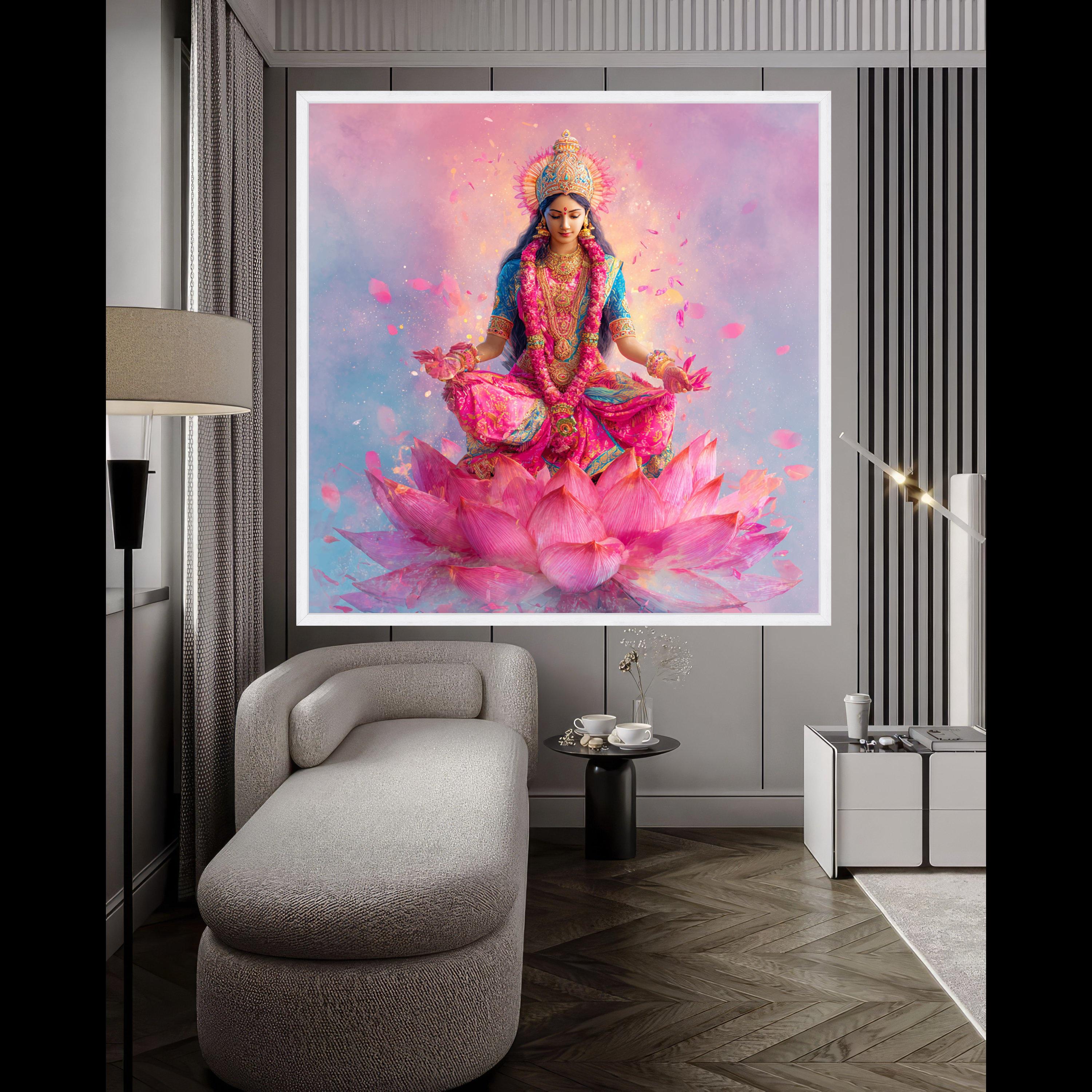 Vibrant Goddess Lakshmi Meditation Canvas, Spiritual Indian Art, Pink Lotus Flower Wall Decor, Sacred Hindu Deity Canvas, Home Meditation