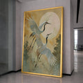 Elegant Cranes in Flight Canvas, Asian Bird Wall Art, Nature Scene Canvas, Full Moon Landscape, Zen Home Decoration