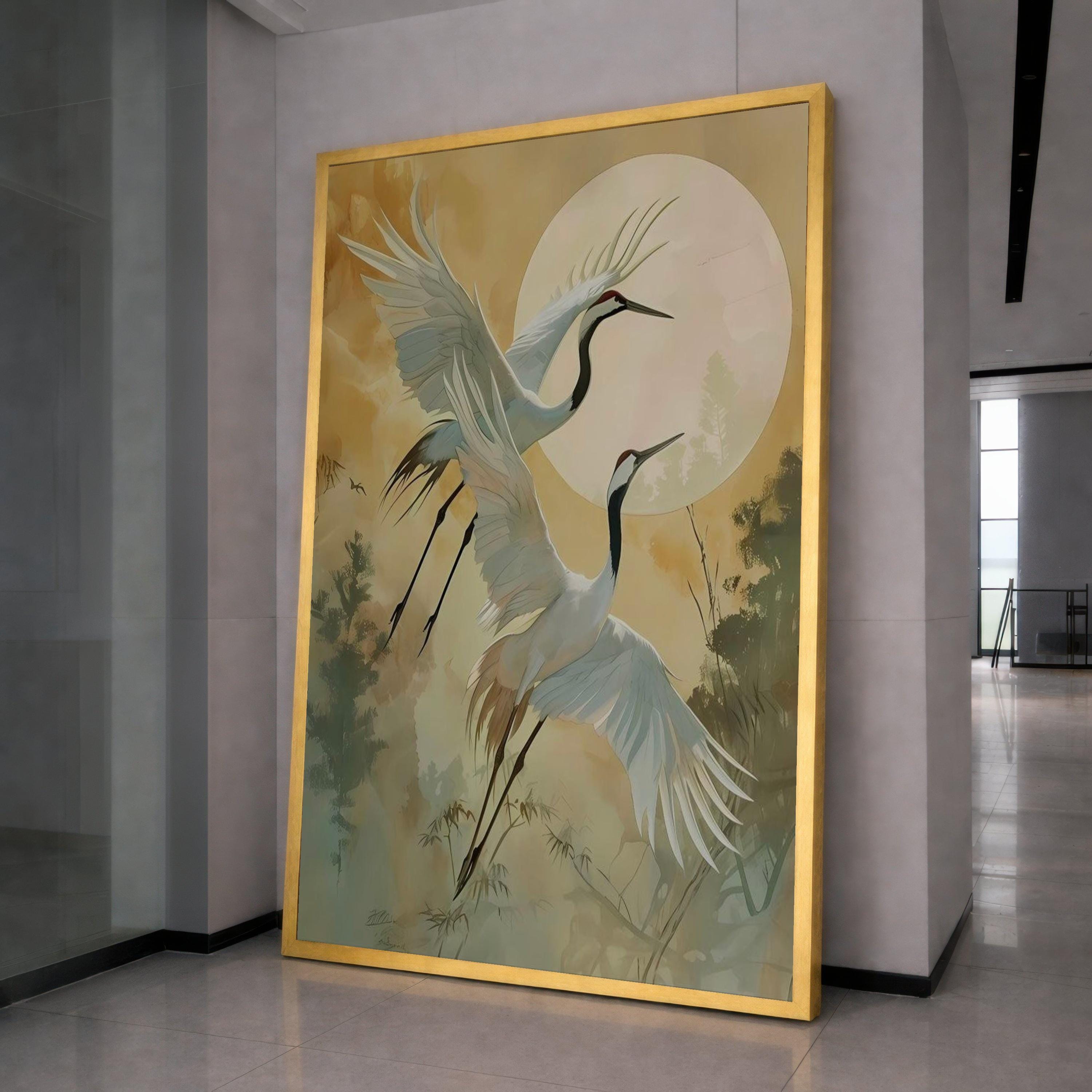 Elegant Cranes in Flight Canvas, Asian Bird Wall Art, Nature Scene Canvas, Full Moon Landscape, Zen Home Decoration