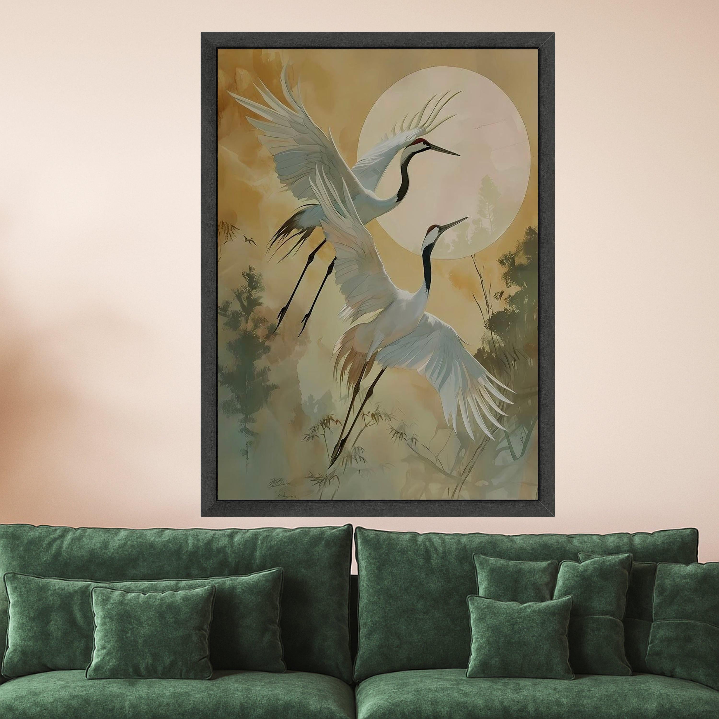Elegant Cranes in Flight Canvas, Asian Bird Wall Art, Nature Scene Canvas, Full Moon Landscape, Zen Home Decoration