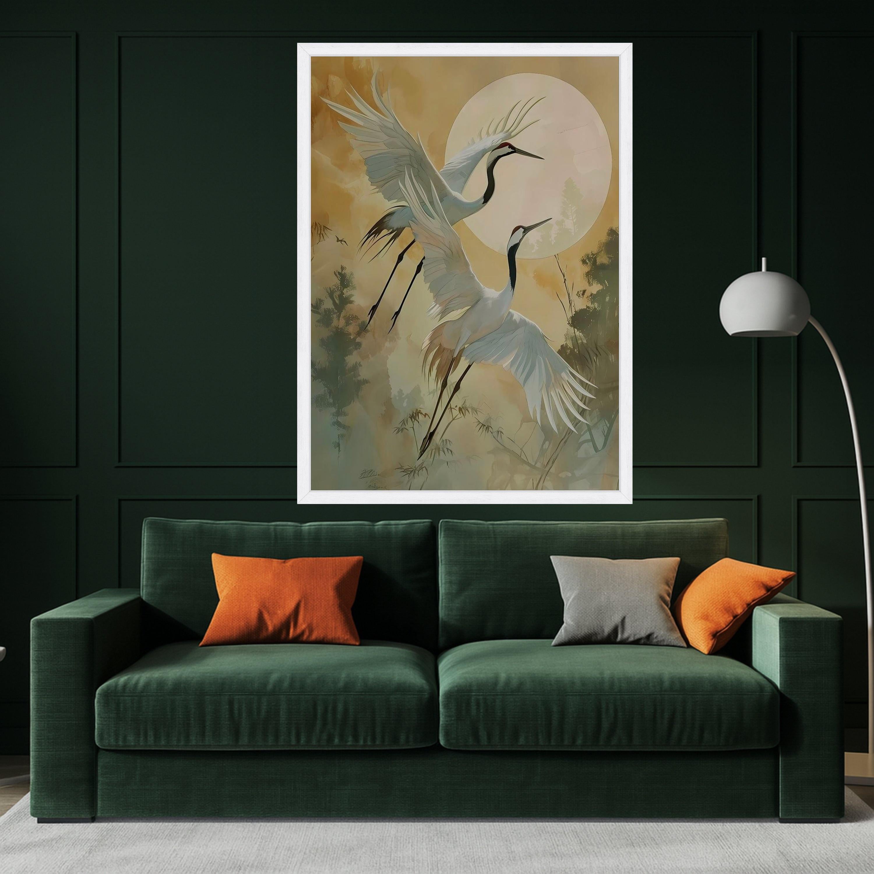 Elegant Cranes in Flight Canvas, Asian Bird Wall Art, Nature Scene Canvas, Full Moon Landscape, Zen Home Decoration