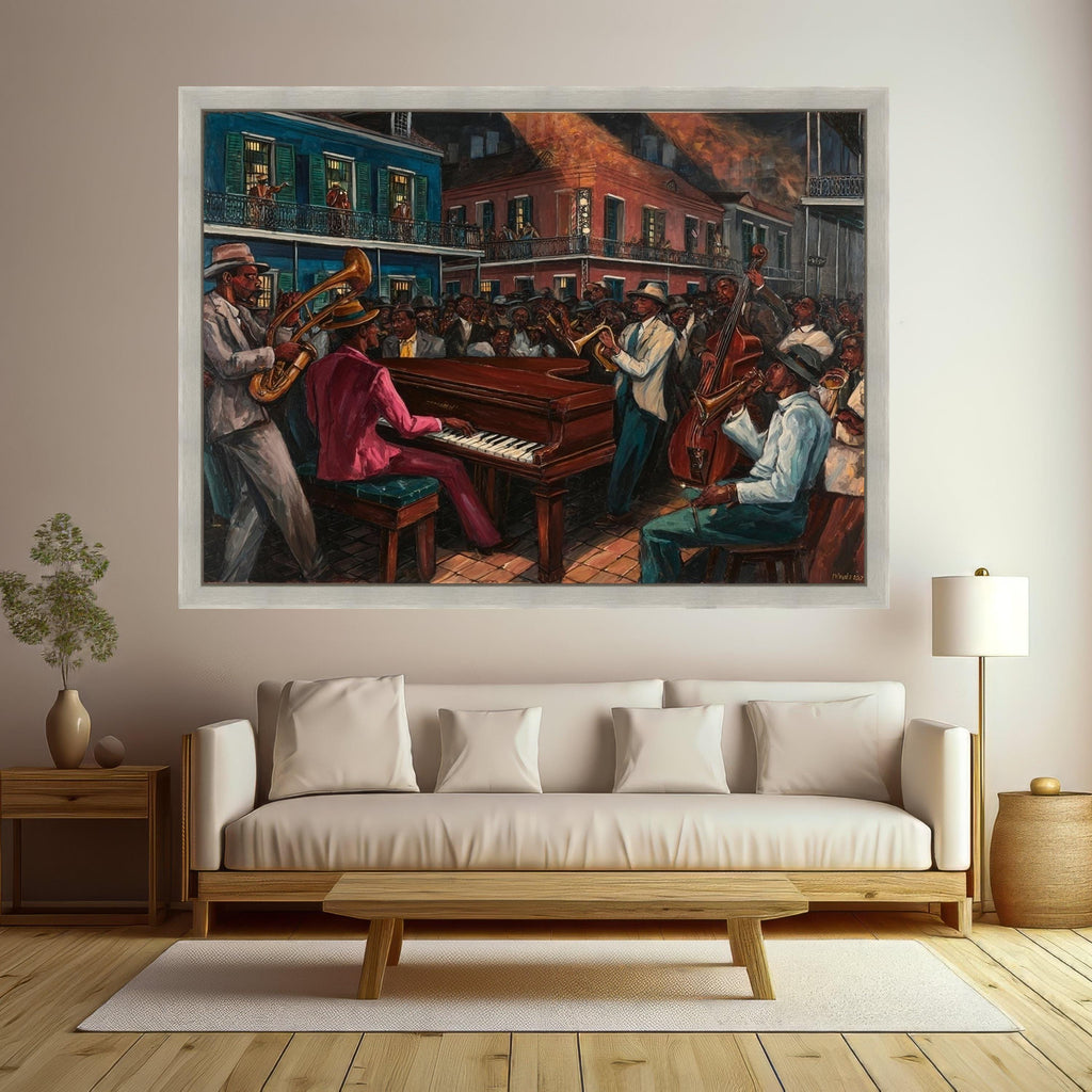 Vibrant Jazz Night Scene Canvas, New Orleans Street Music Art, Live Band Performance Wall Decor, Urban Culture Canvas Print, Ready to Hang