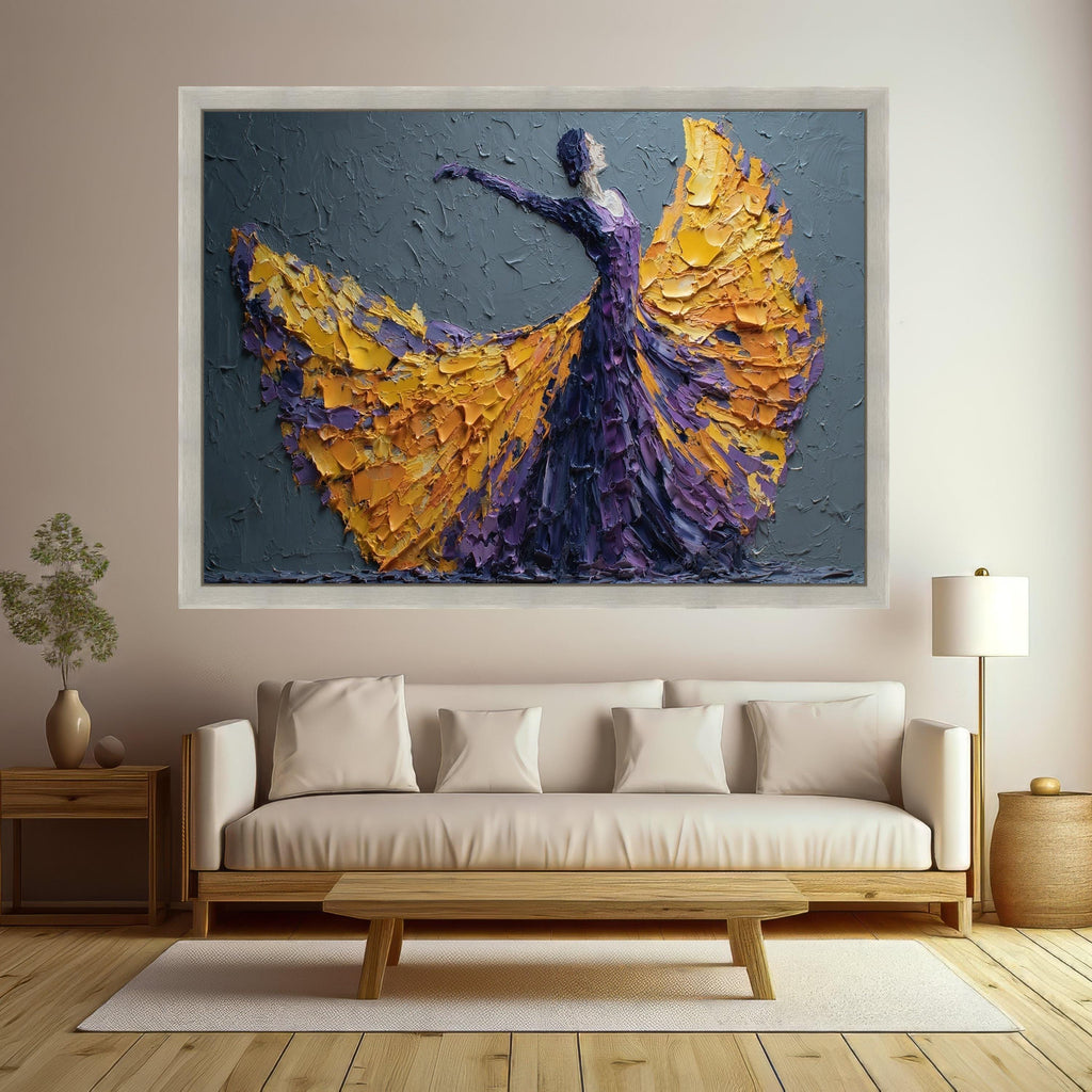 Elegant Flamenco Dancer Canvas, Impasto Painting, Purple and Yellow Dress Wall Art, Modern Decorative Canvas, Dance Art Home Decor