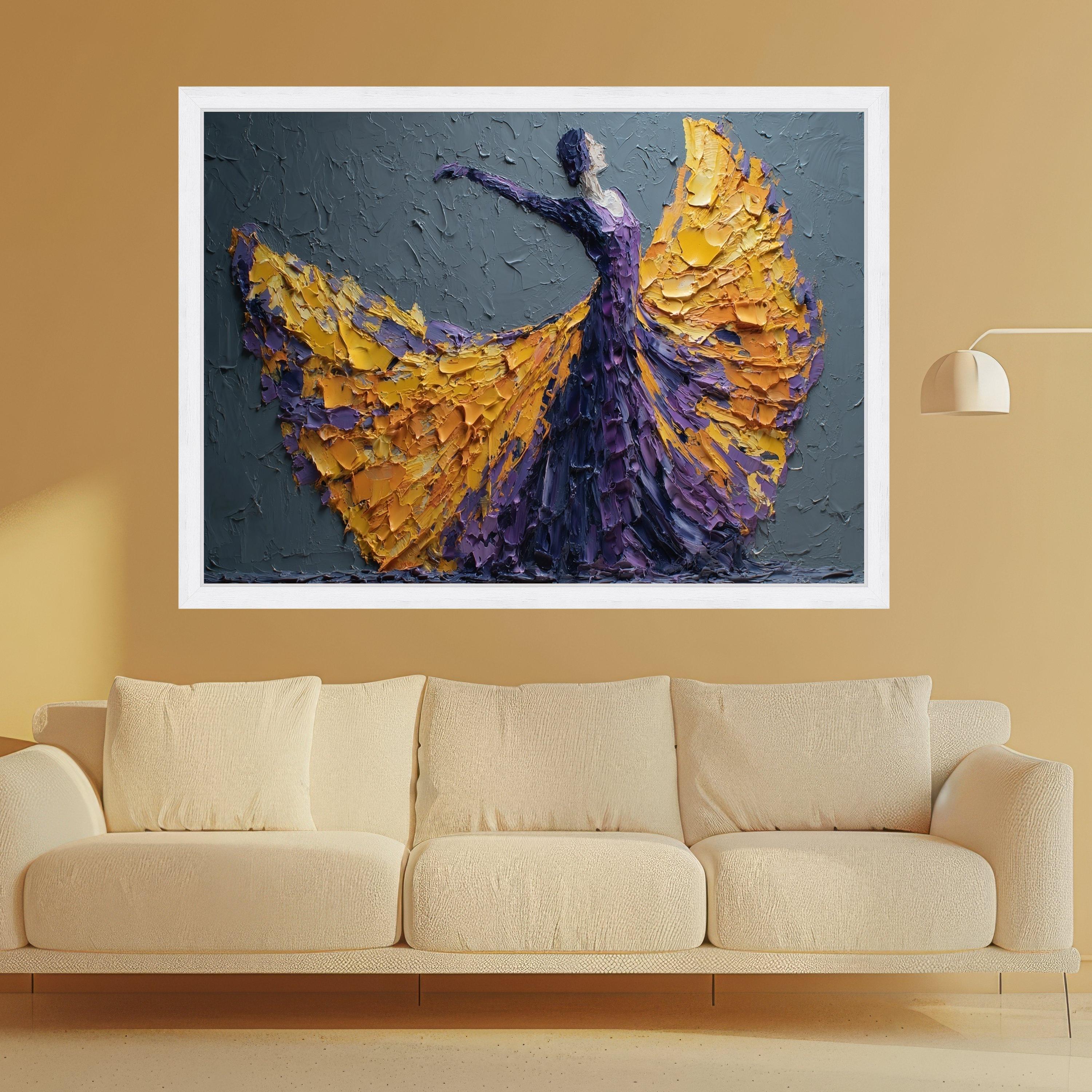 Elegant Flamenco Dancer Canvas, Impasto Painting, Purple and Yellow Dress Wall Art, Modern Decorative Canvas, Dance Art Home Decor