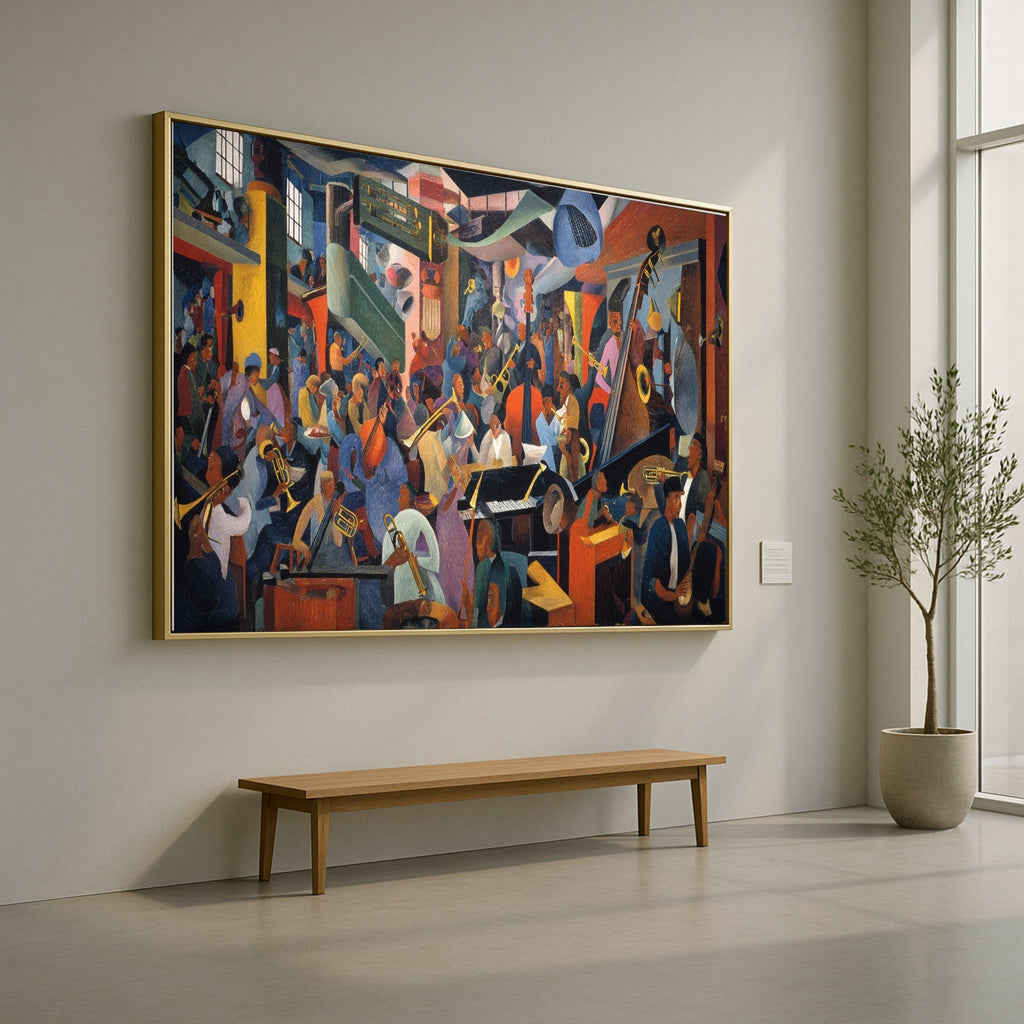 Vibrant Jazz Band Scene, Harlem Renaissance Canvas, Musical Instruments Wall Art, Cultural Music Canvas, Urban Nightlife Decoration